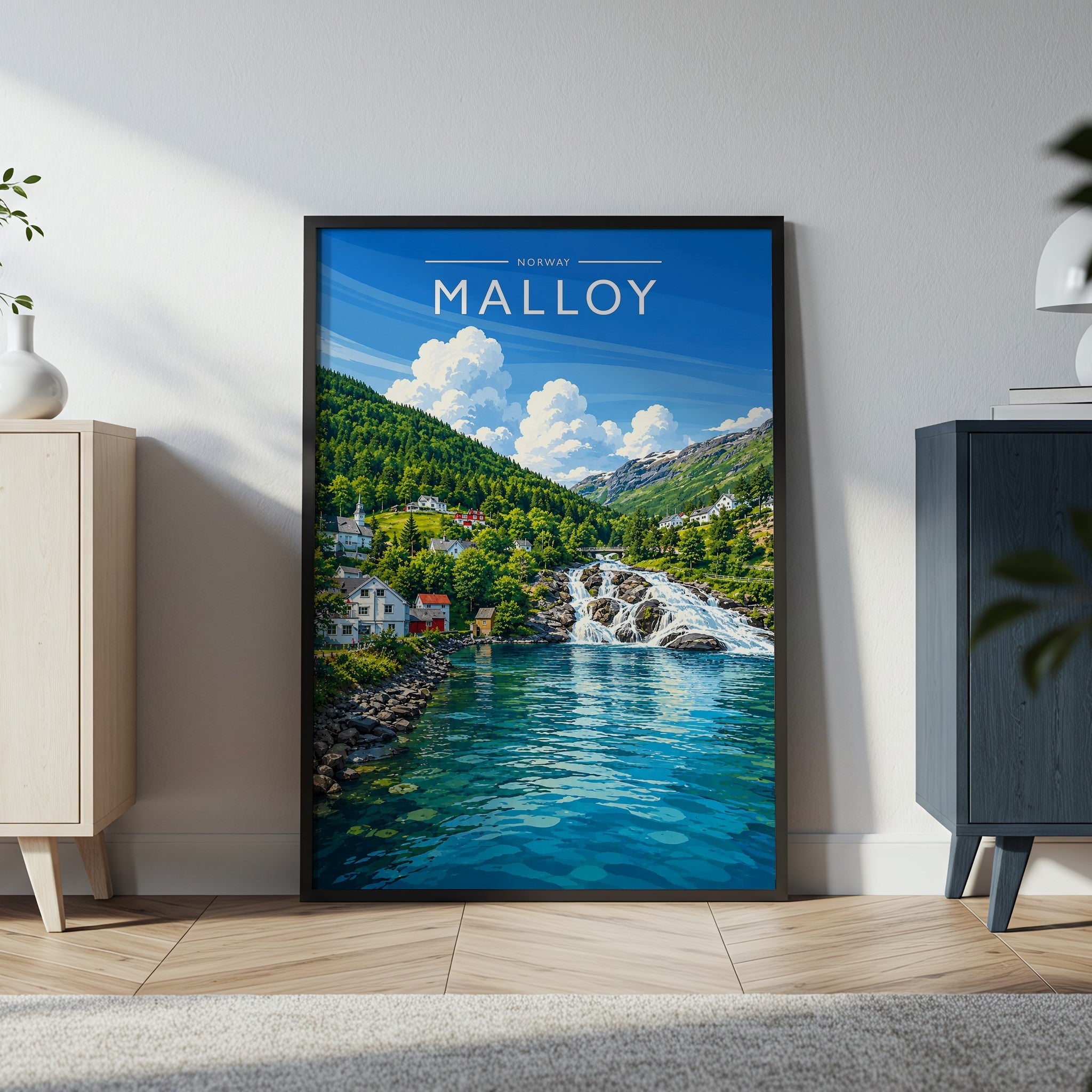 Malloy Travel Poster in a black frame