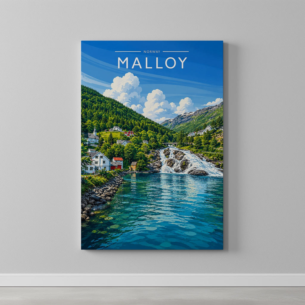 Malloy Travel Poster as a gallery-wrapped canvas on a plain wall