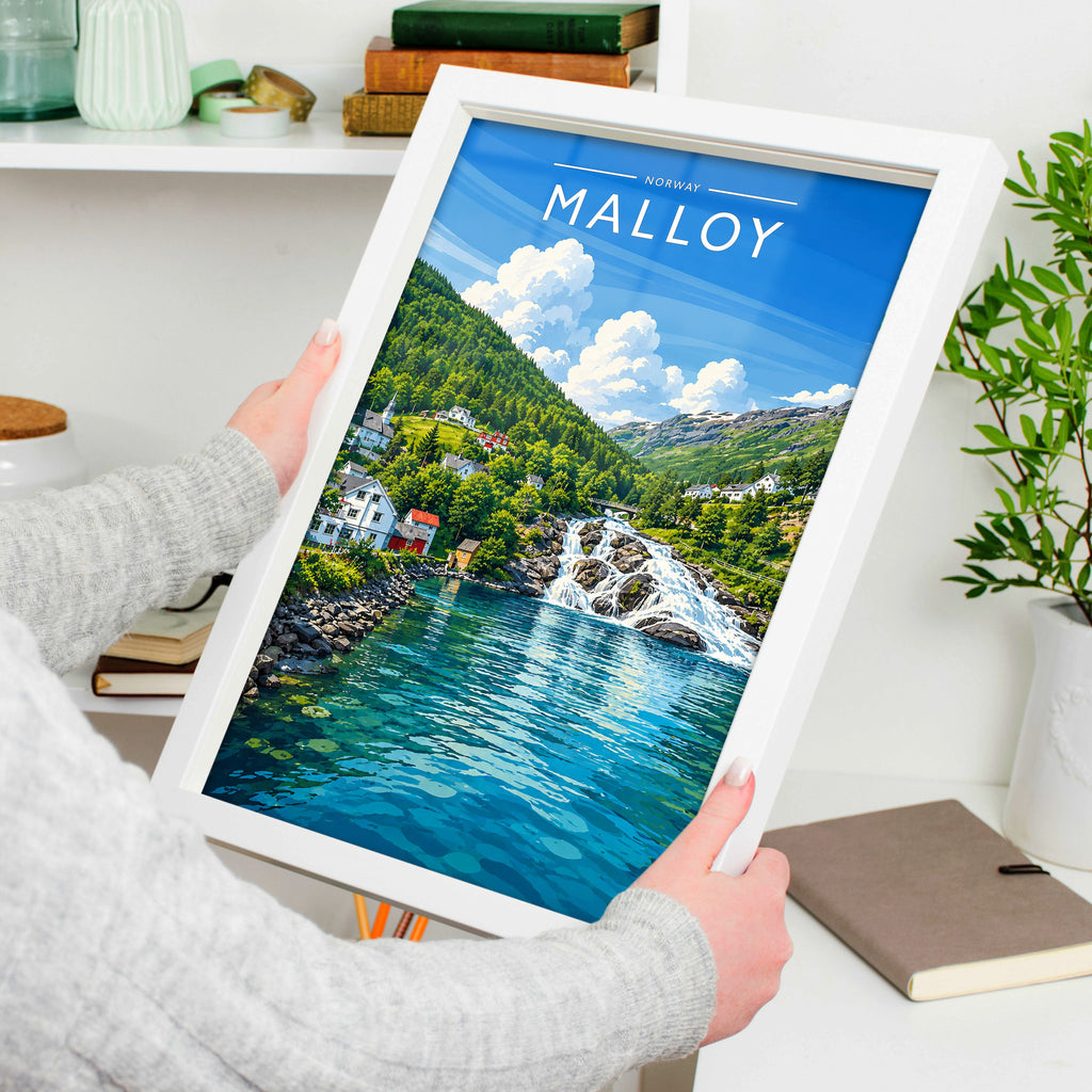 Malloy Travel Poster in a white frame, held to show scale