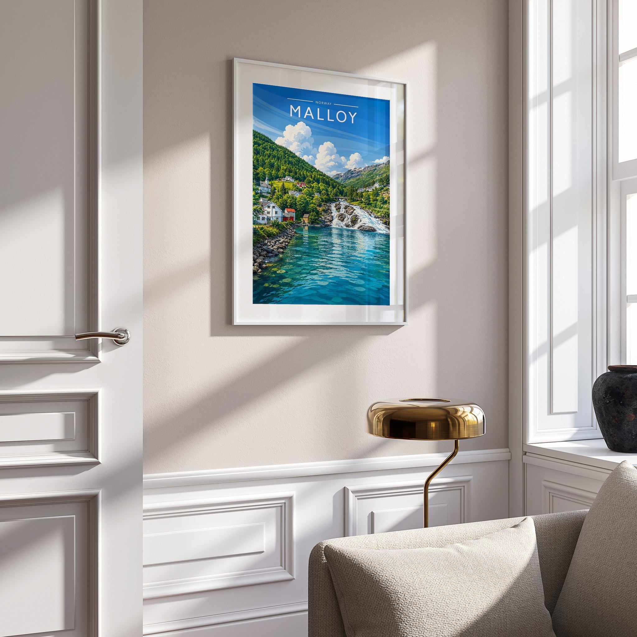 Malloy Travel Poster mounted in a white frame