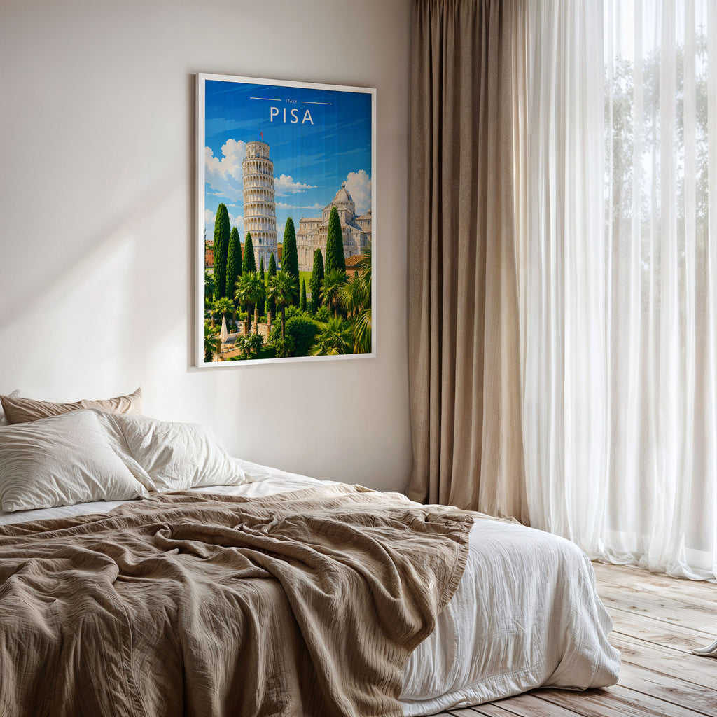 Pisa Travel Poster framed on a bedroom wall