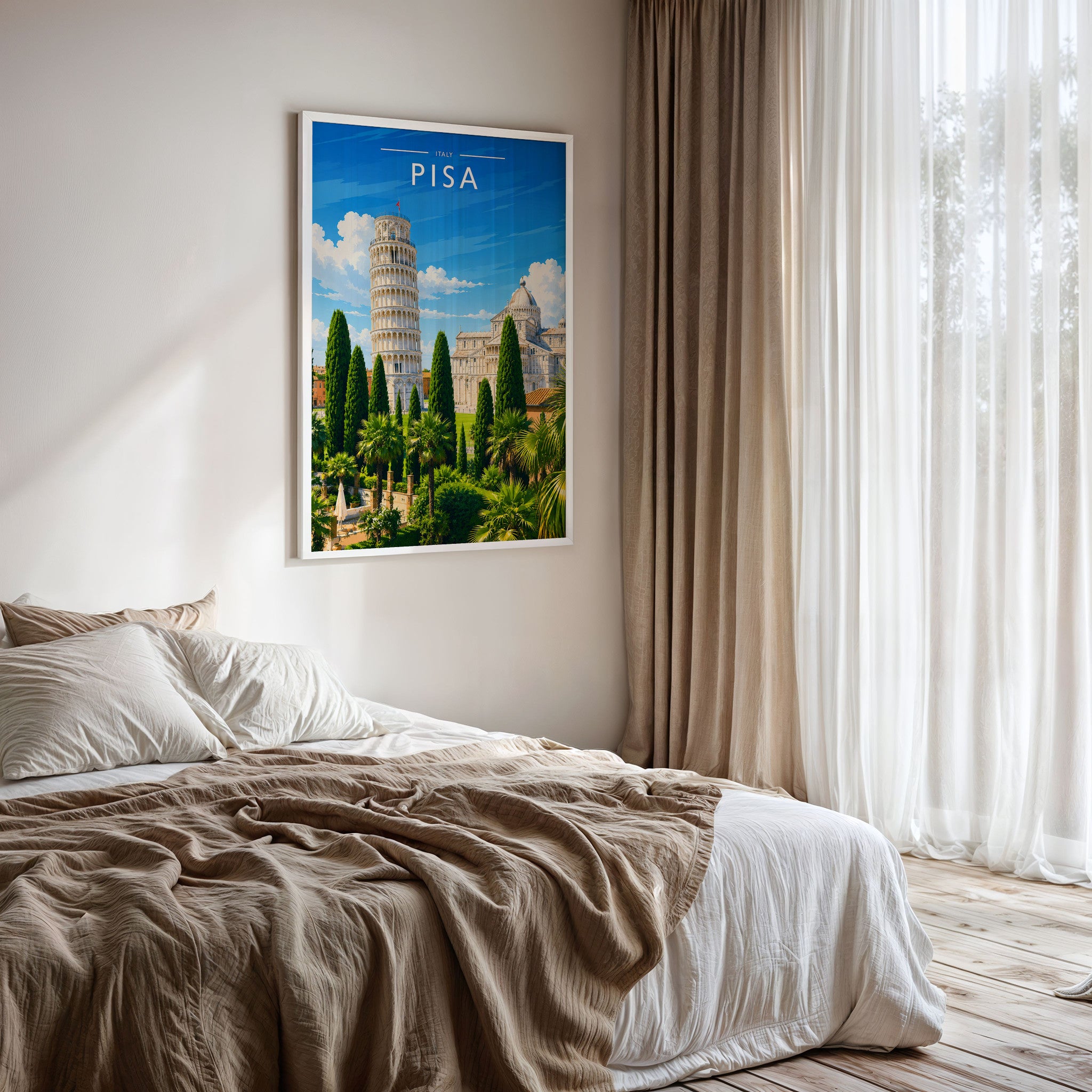 Pisa Travel Poster framed on a bedroom wall
