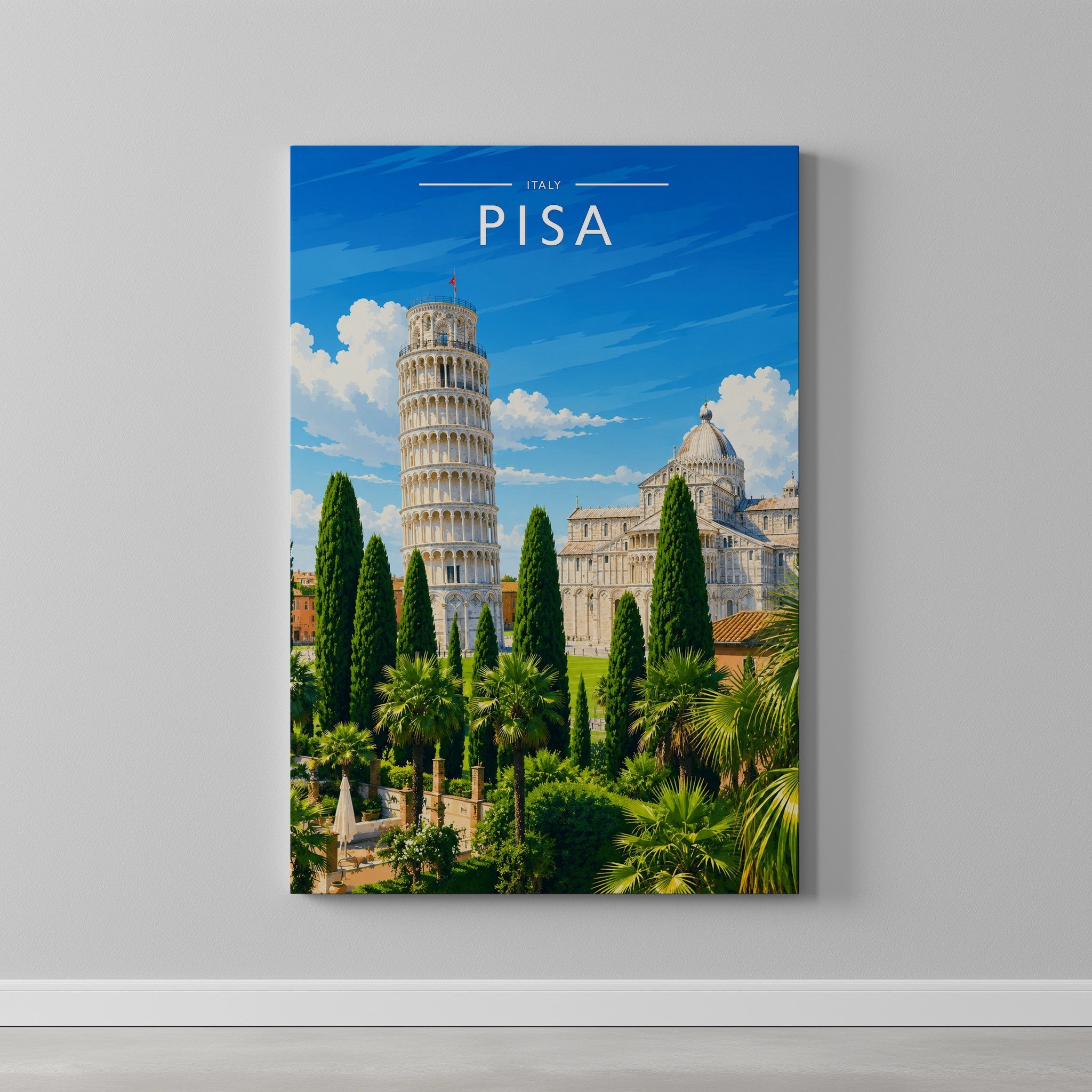 Pisa Travel Poster as a gallery-wrapped canvas on a plain wall