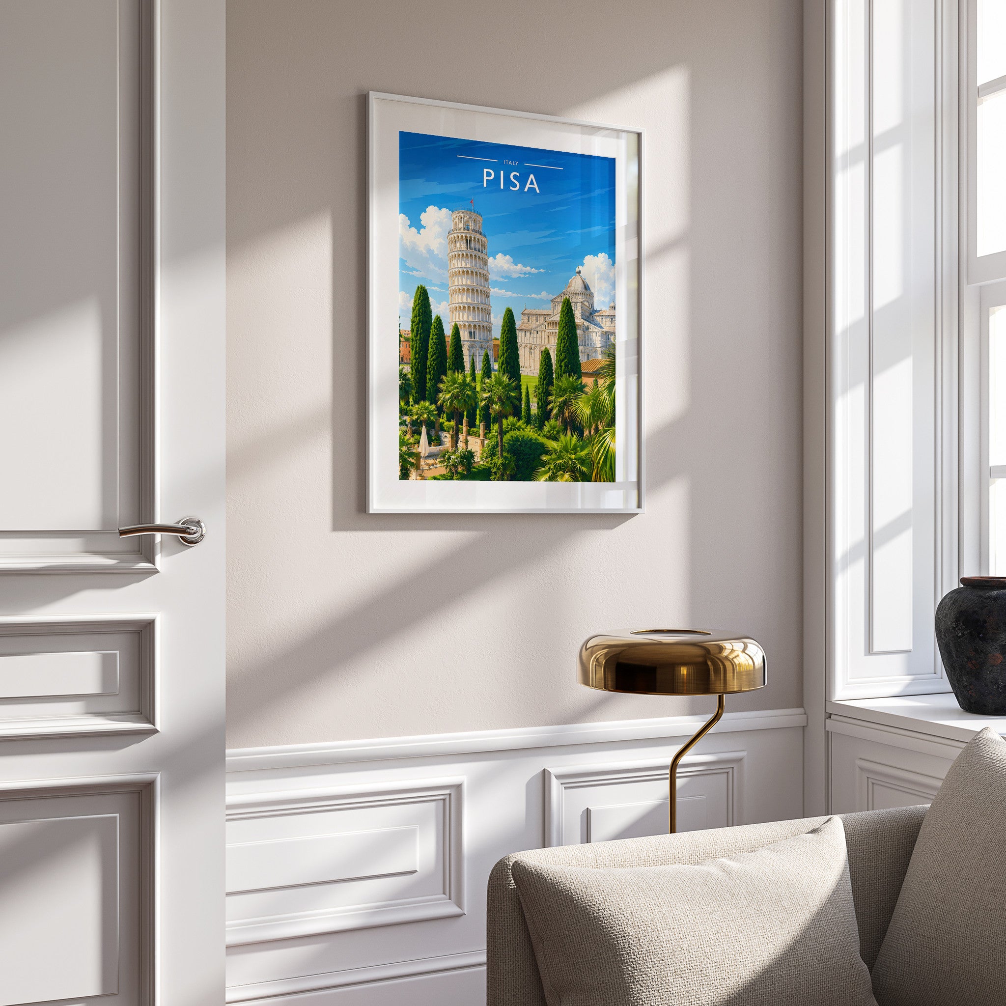 Pisa Travel Poster in a white frame on a panelled wall
