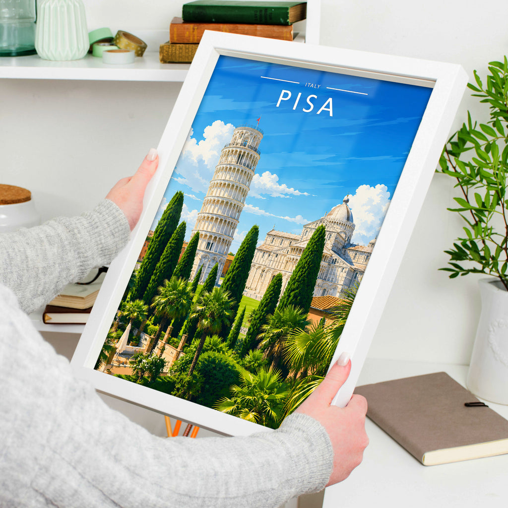 Pisa Travel Poster in a white frame, held to show scale