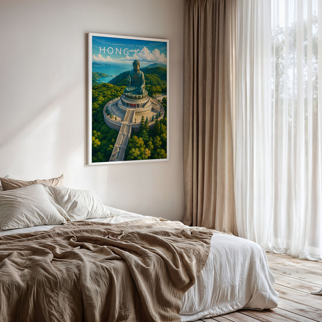 Hong Kong #3 Travel Poster framed on a bedroom wall