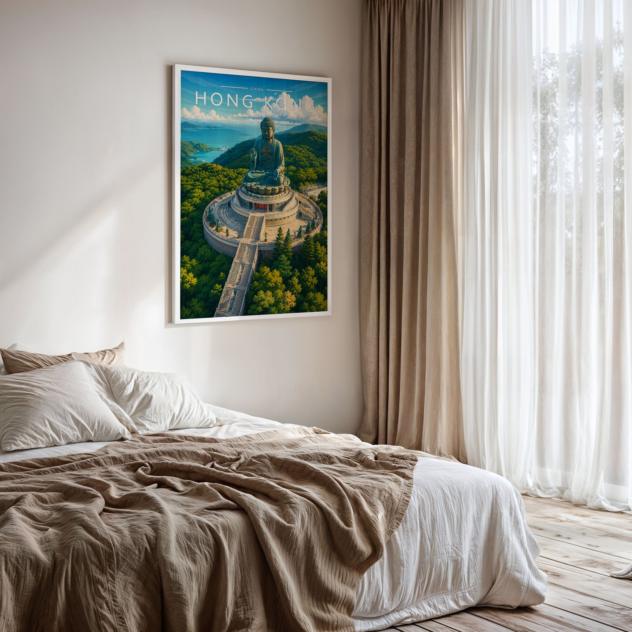 Hong Kong #3 Travel Poster framed on a bedroom wall