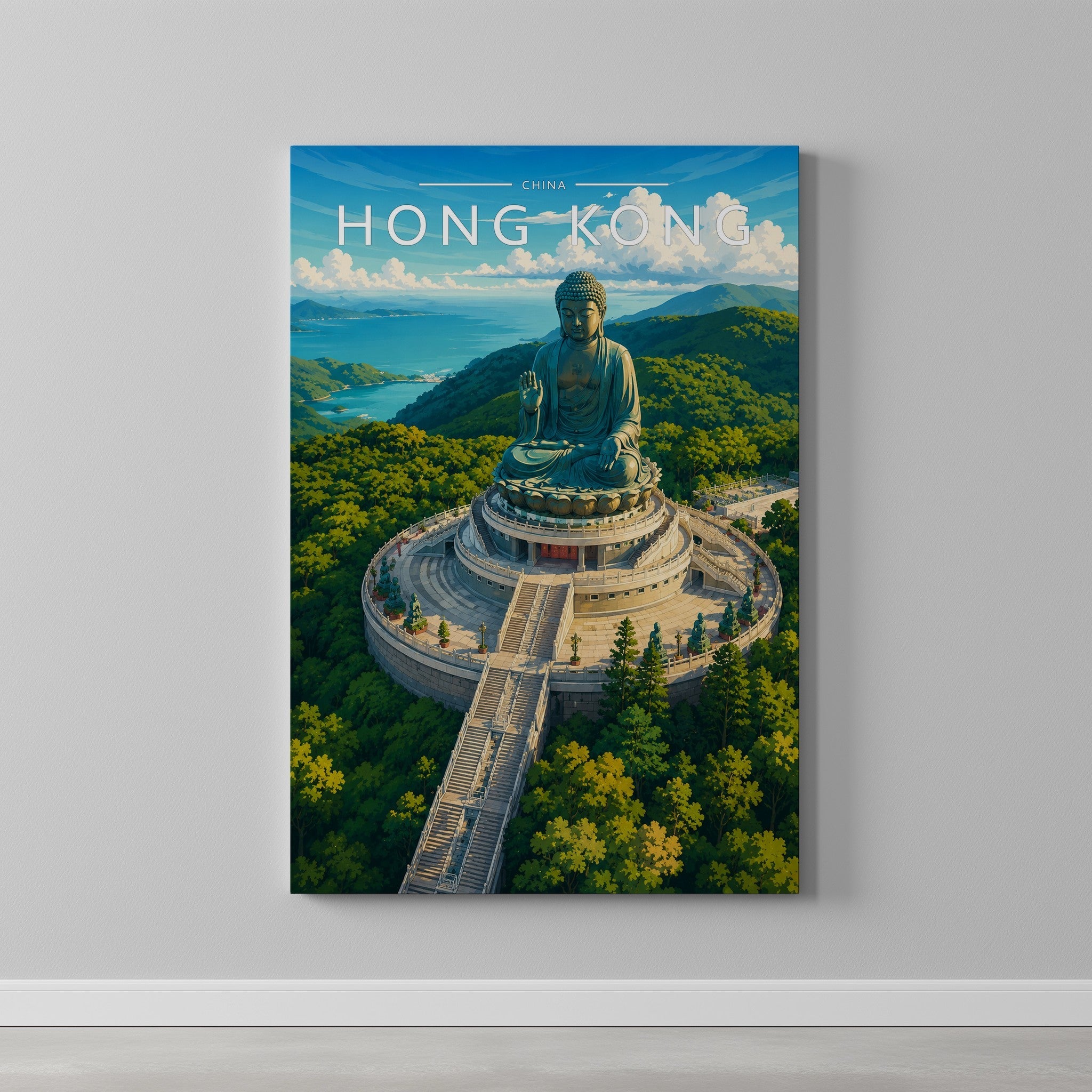 Hong Kong #3 Travel Poster as a gallery-wrapped canvas on a plain wall