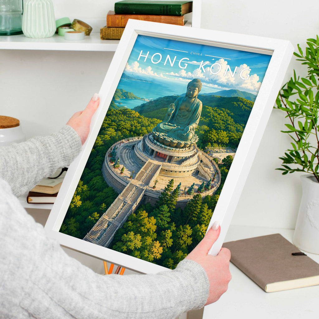 Hong Kong #3 Travel Poster in a white frame, held to show scale