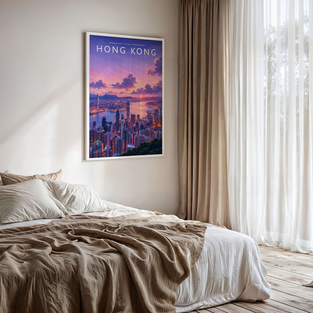 Hong Kong #4 Travel Poster framed on a bedroom wall