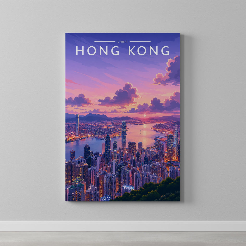 Hong Kong #4 Travel Poster as a gallery-wrapped canvas on a plain wall