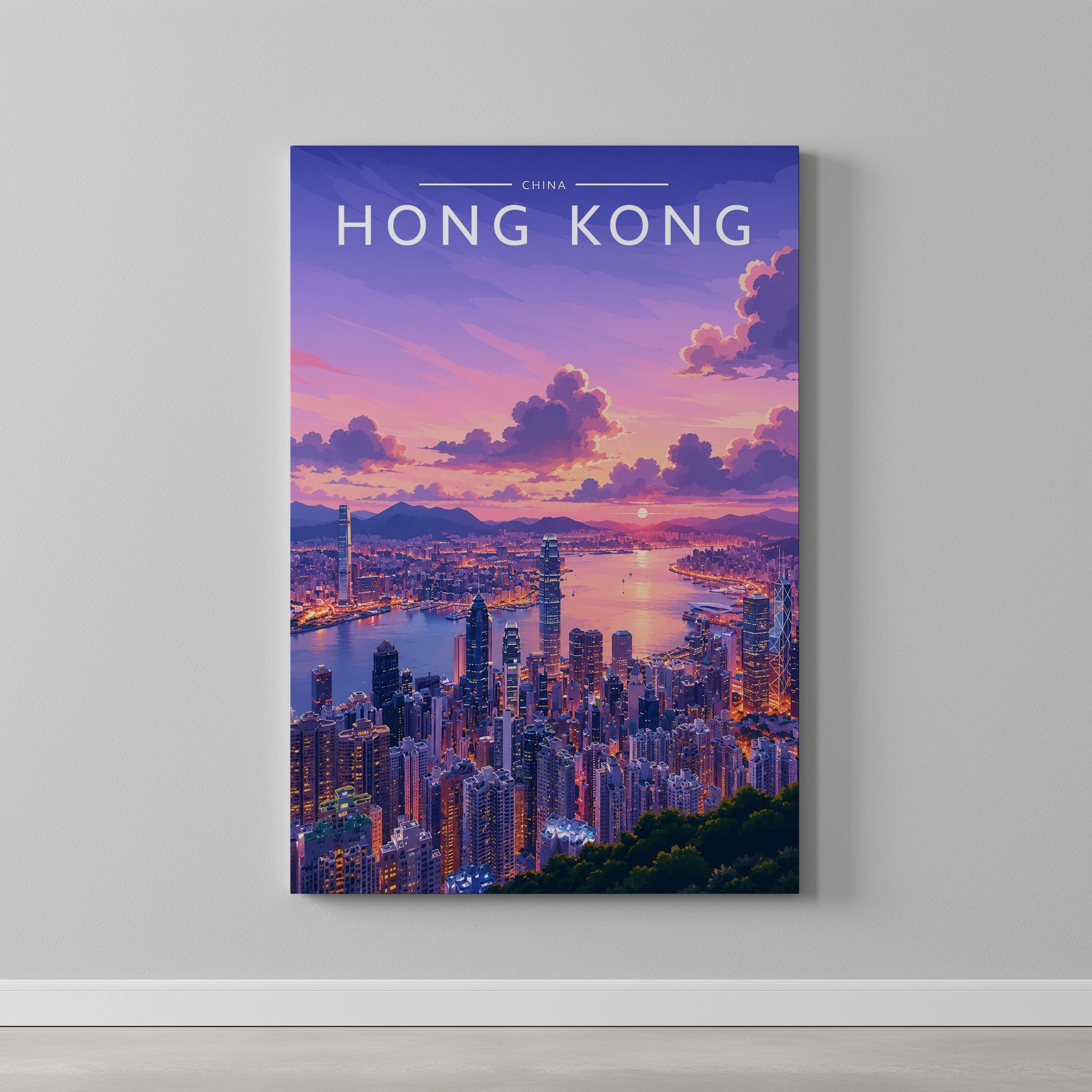 Hong Kong #4 Travel Poster as a gallery-wrapped canvas on a plain wall