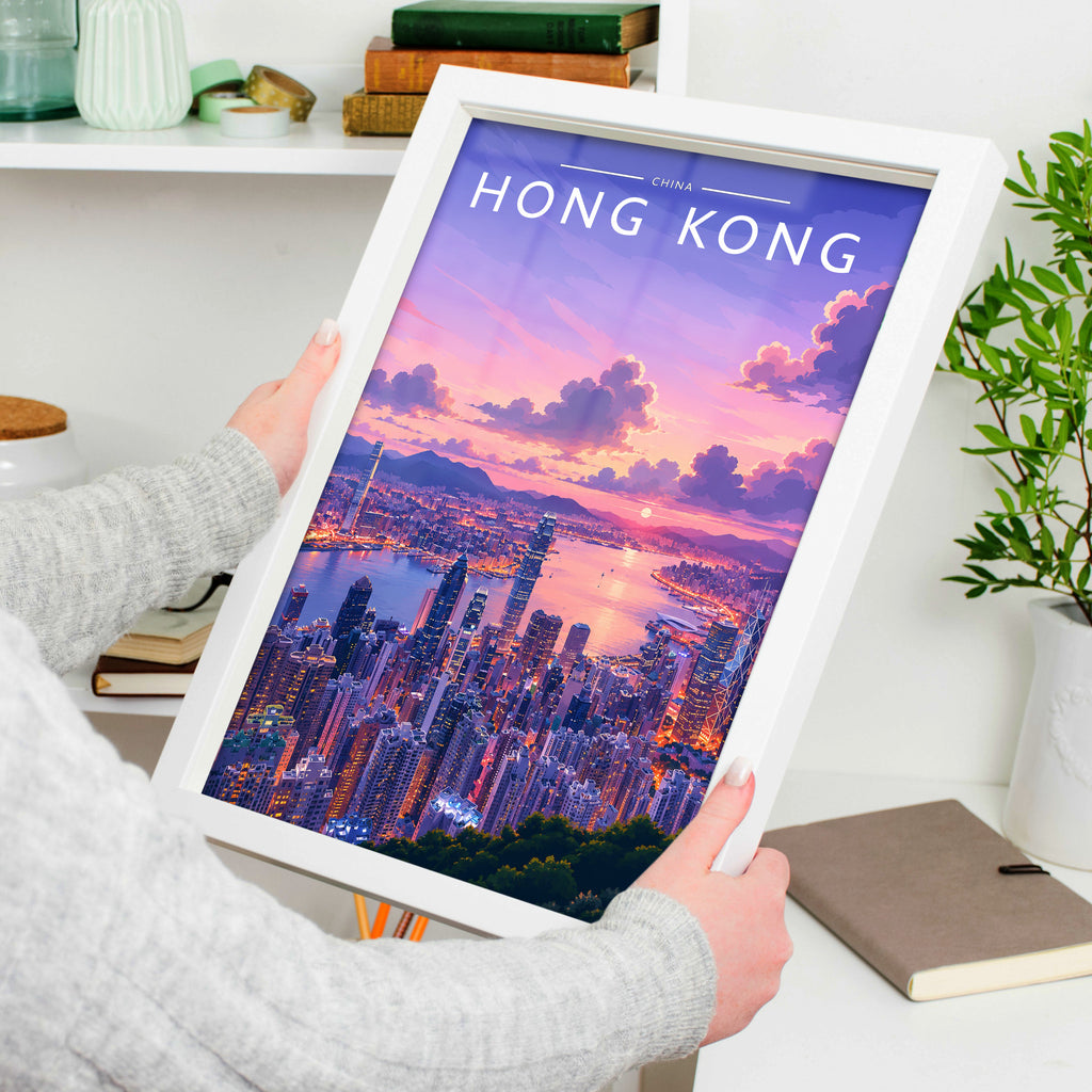 Hong Kong #4 Travel Poster in a white frame, held to show scale