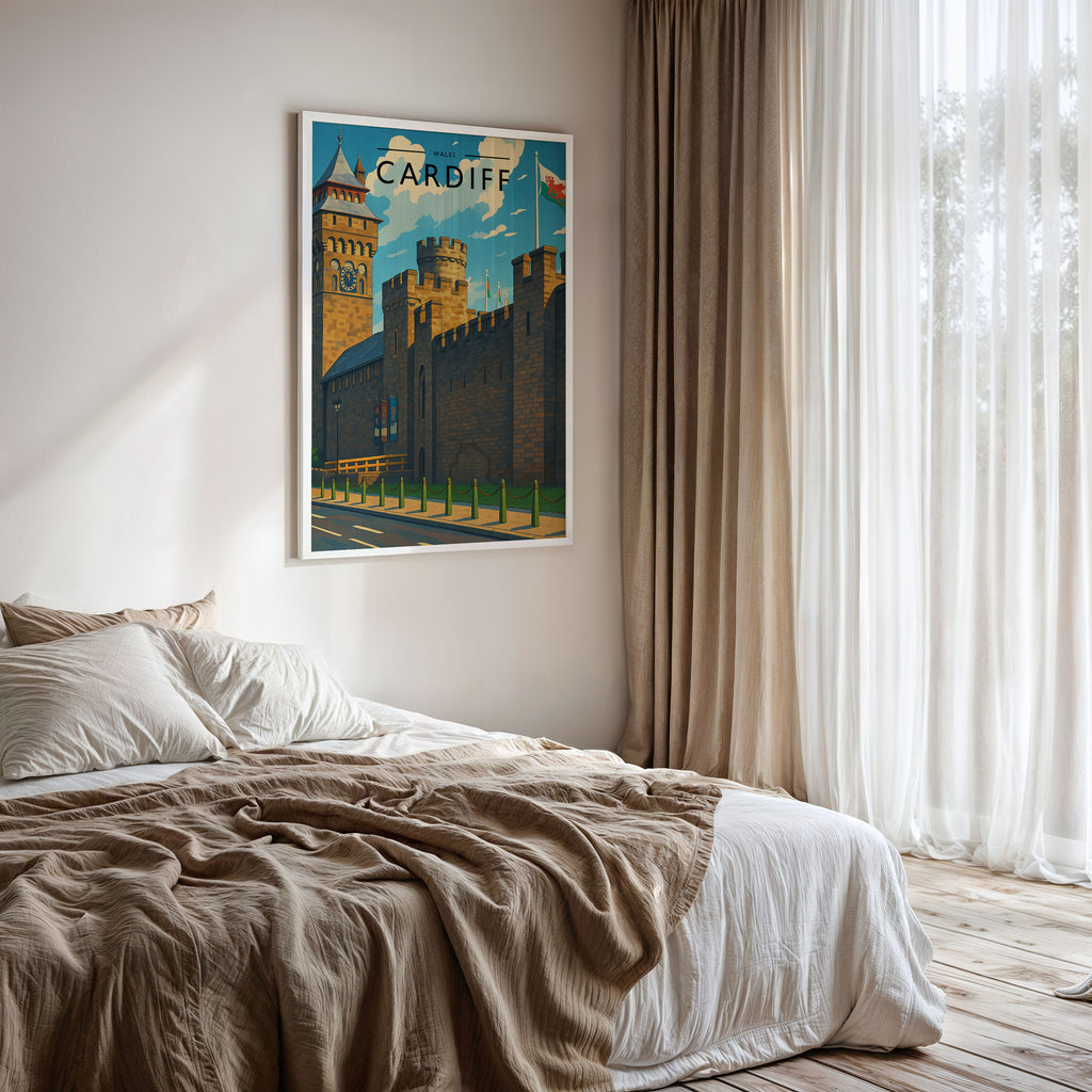 Cardiff Travel Poster framed on a bedroom wall