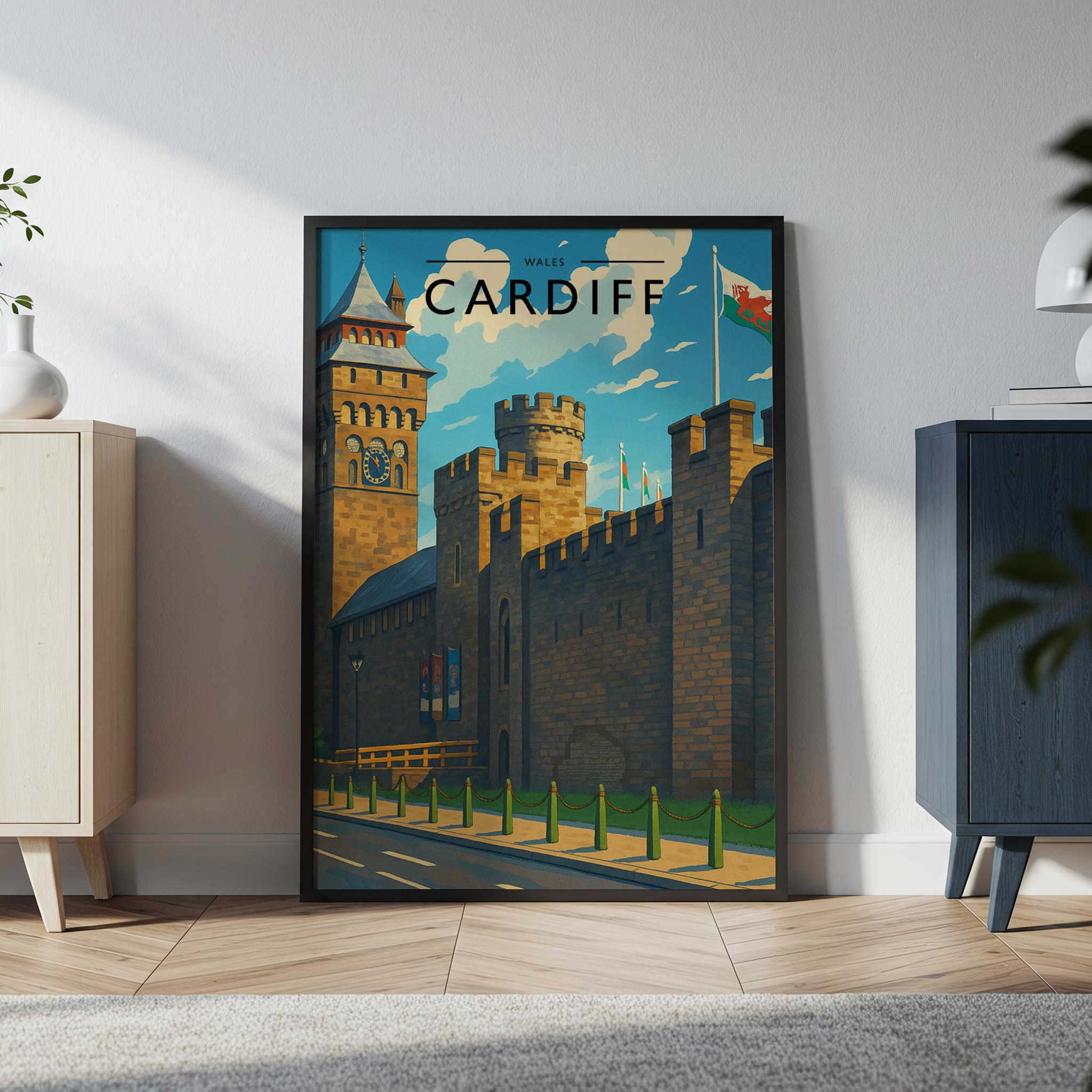 Cardiff Travel Poster in a black frame