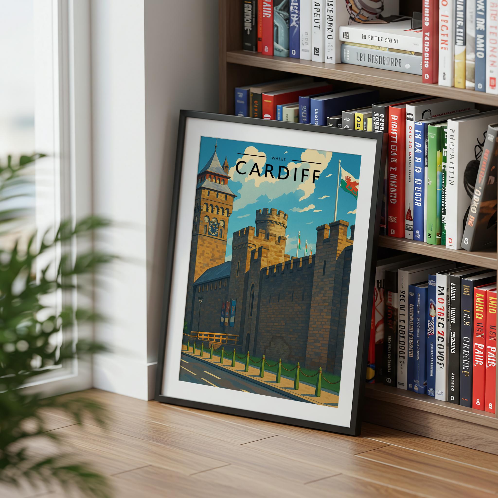 Cardiff Travel Poster mounted in a black frame
