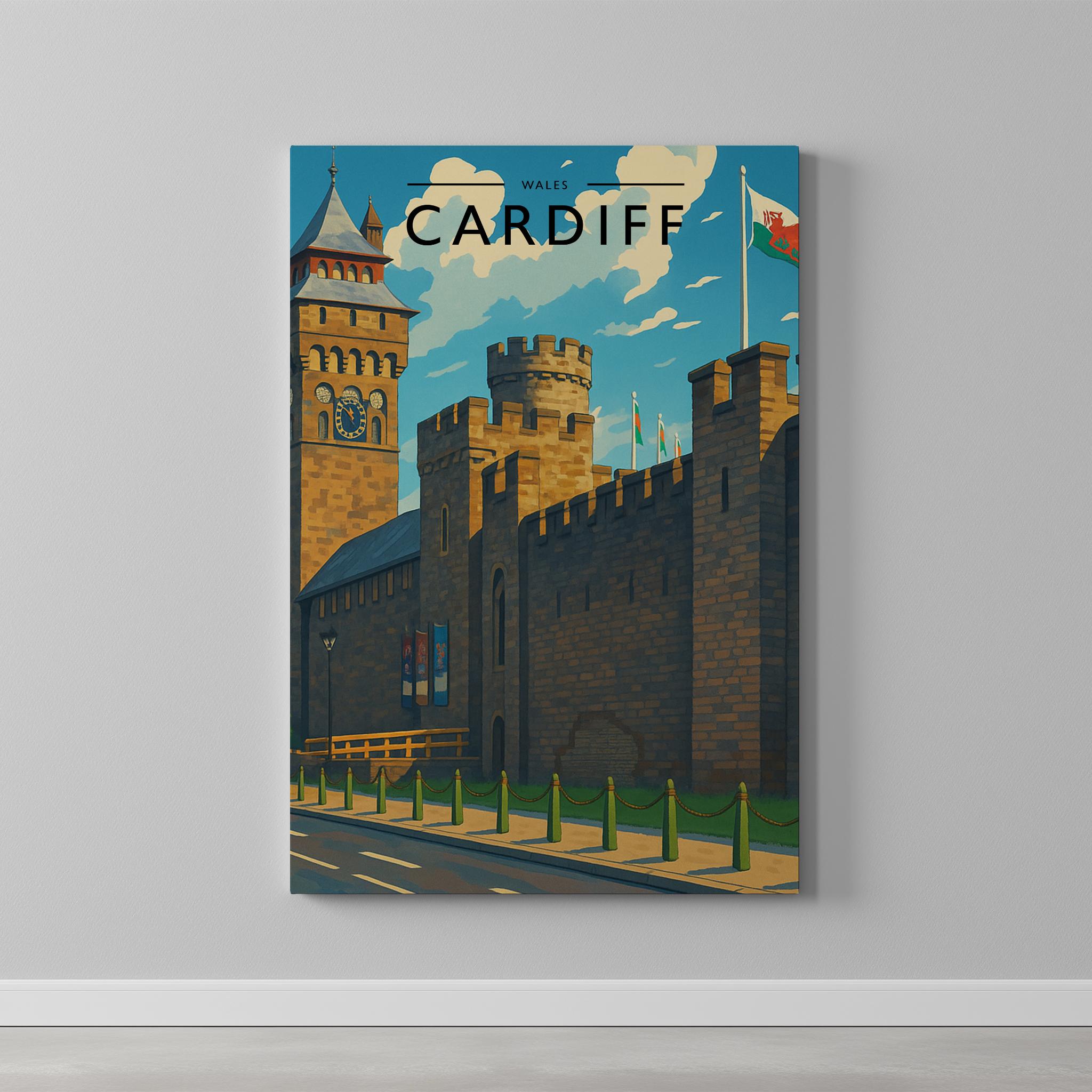 Cardiff Travel Poster as a gallery-wrapped canvas on a plain wall