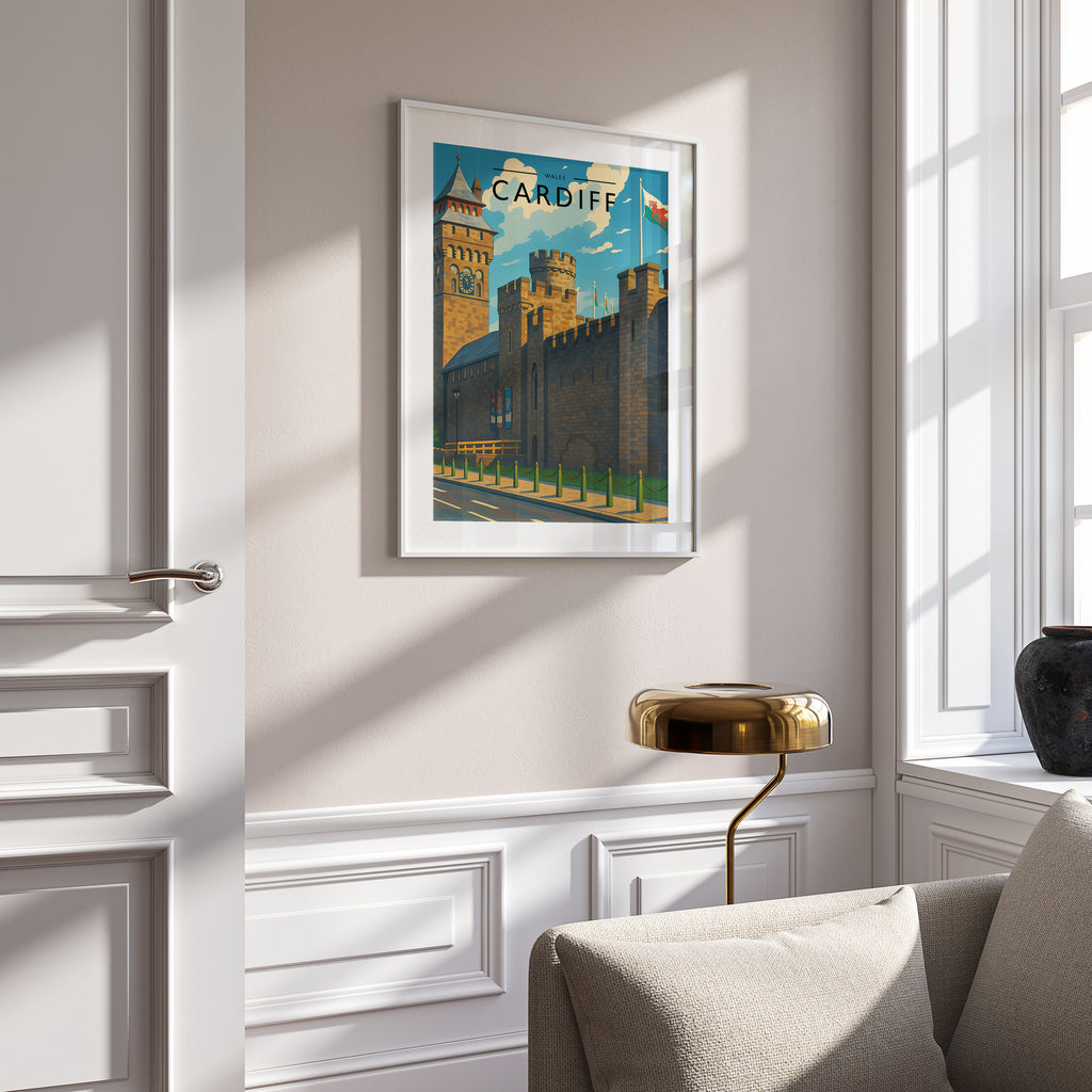 Cardiff Travel Poster in a white frame on a panelled wall