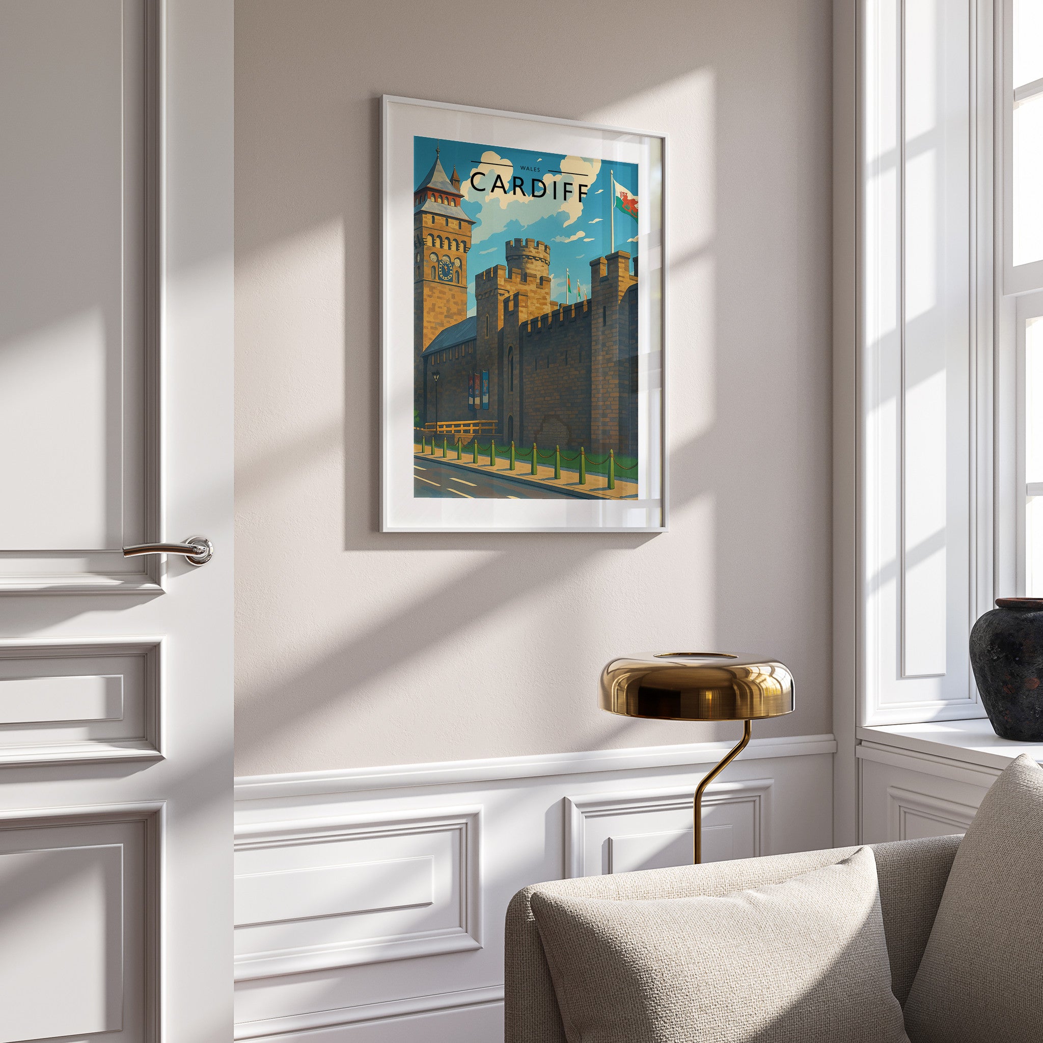 Cardiff Travel Poster in a white frame on a panelled wall