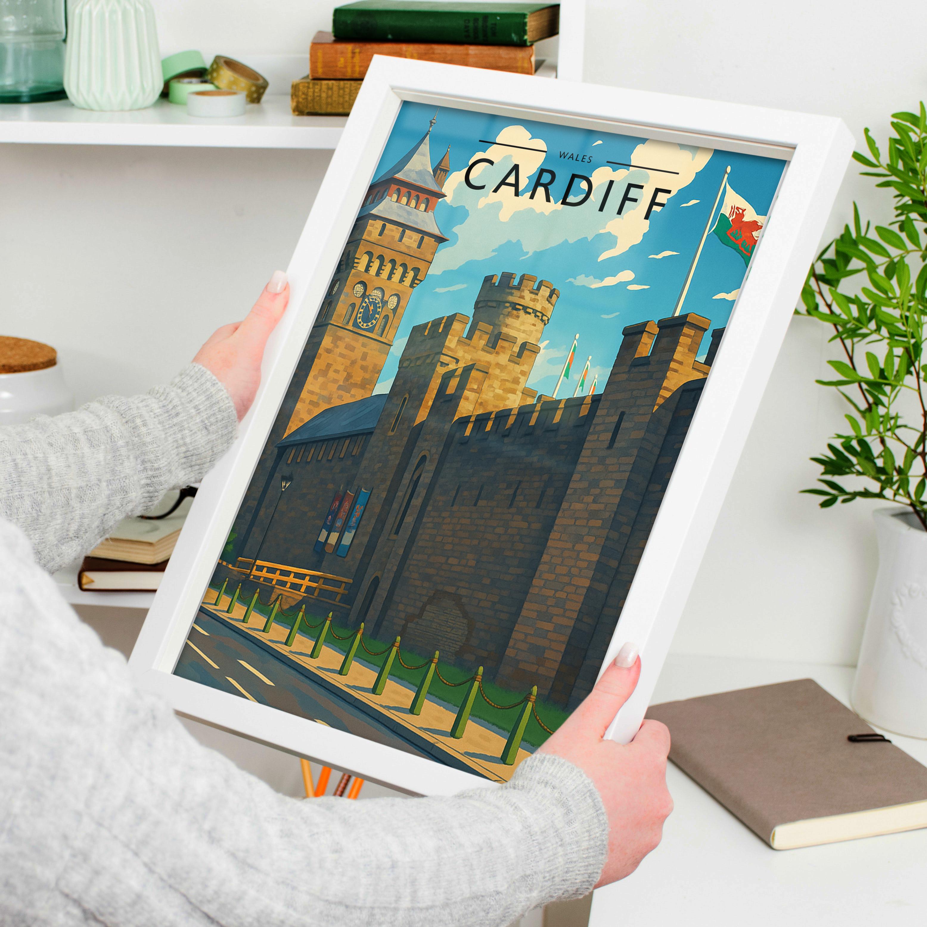 Cardiff Travel Poster held in a white frame