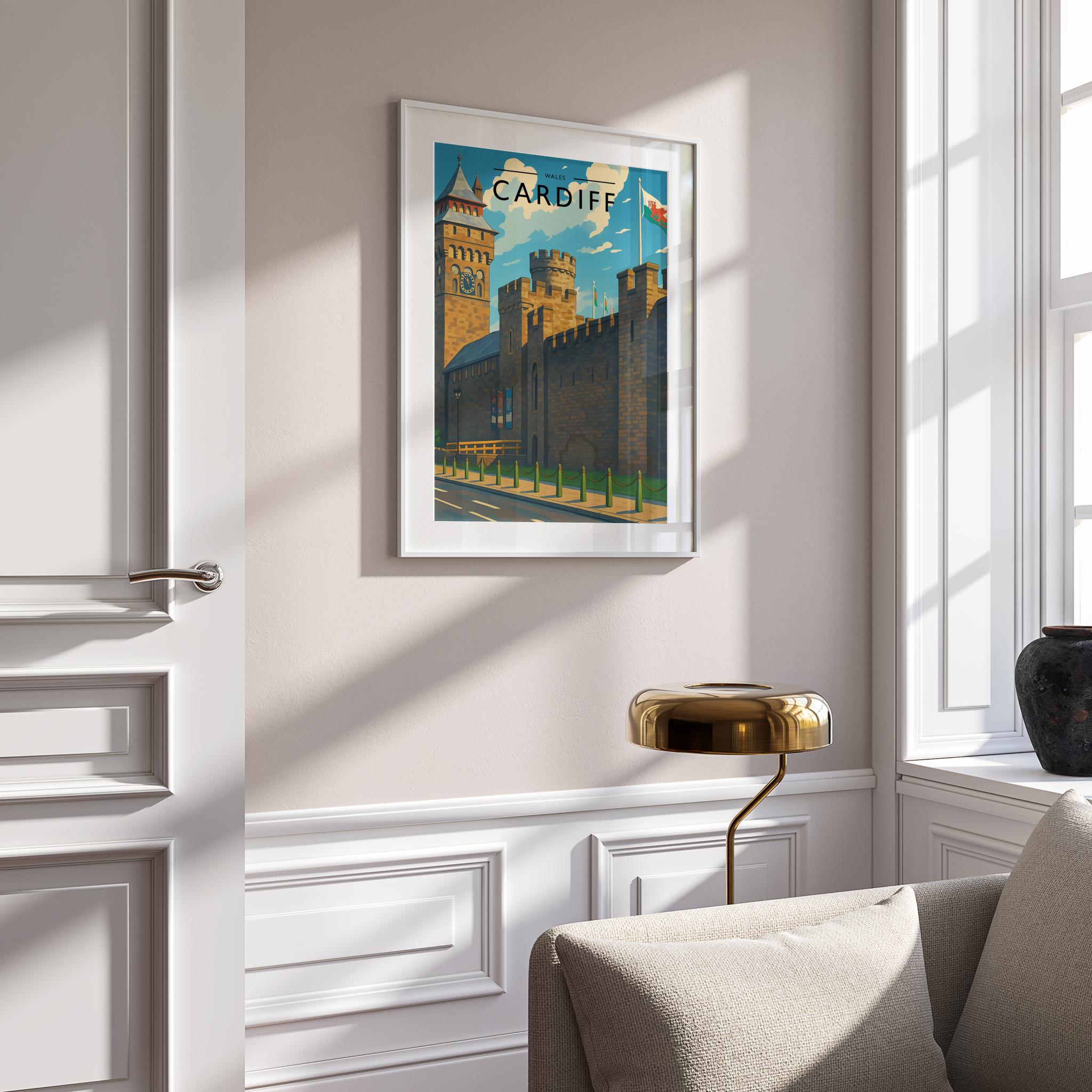 Cardiff Travel Poster mounted in a white frame