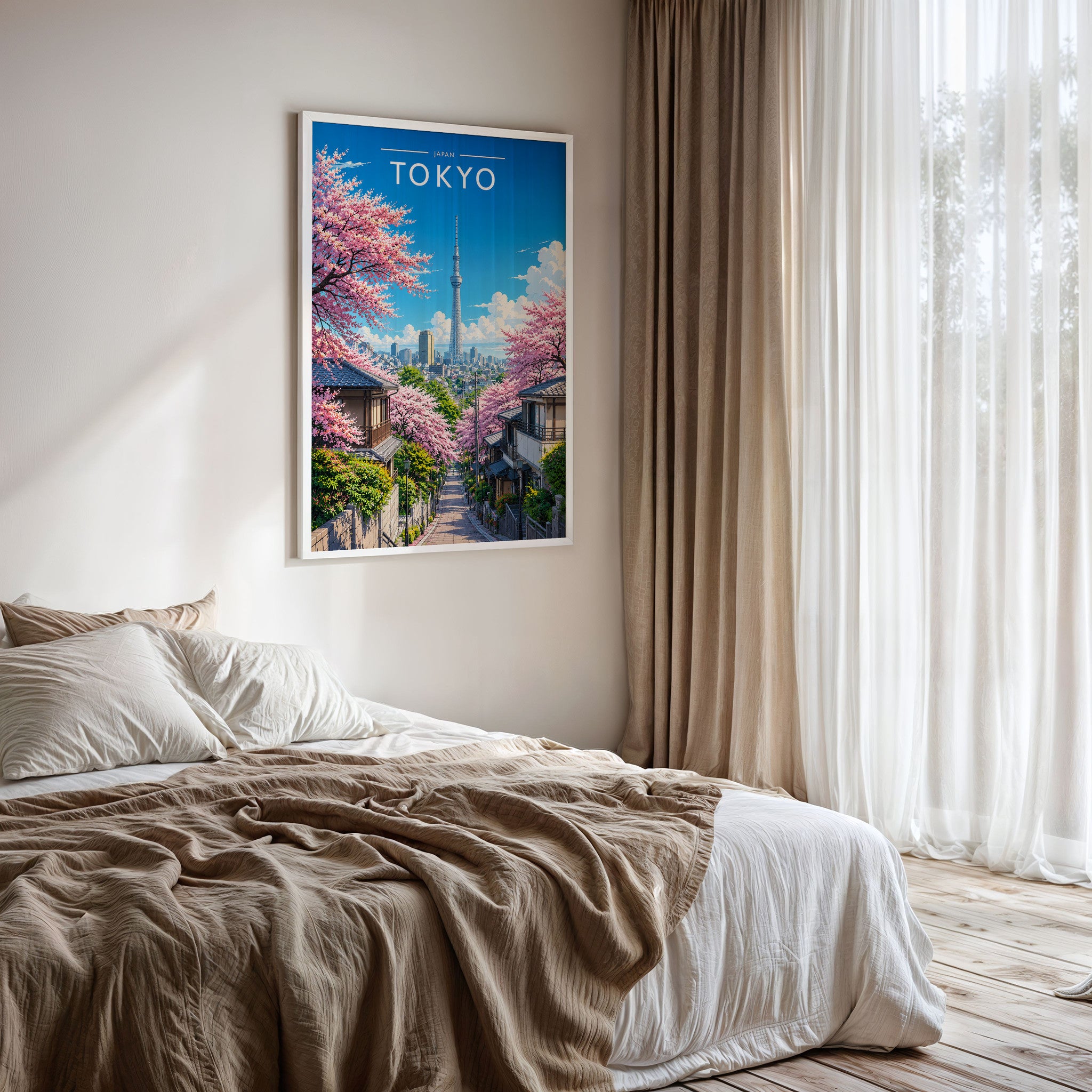 Tokyo #3 Travel Poster framed on a bedroom wall