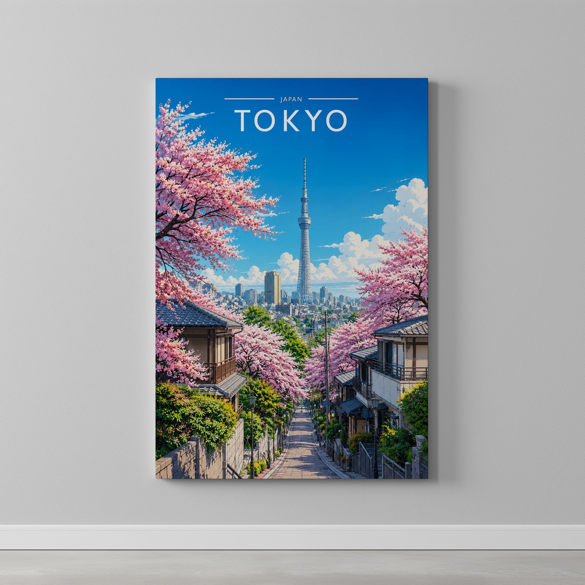 Tokyo #3 Travel Poster as a gallery-wrapped canvas on a plain wall