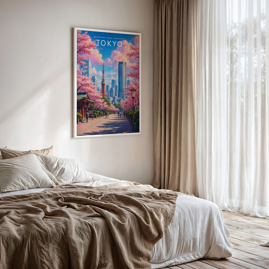Tokyo #4 Travel Poster framed on a bedroom wall