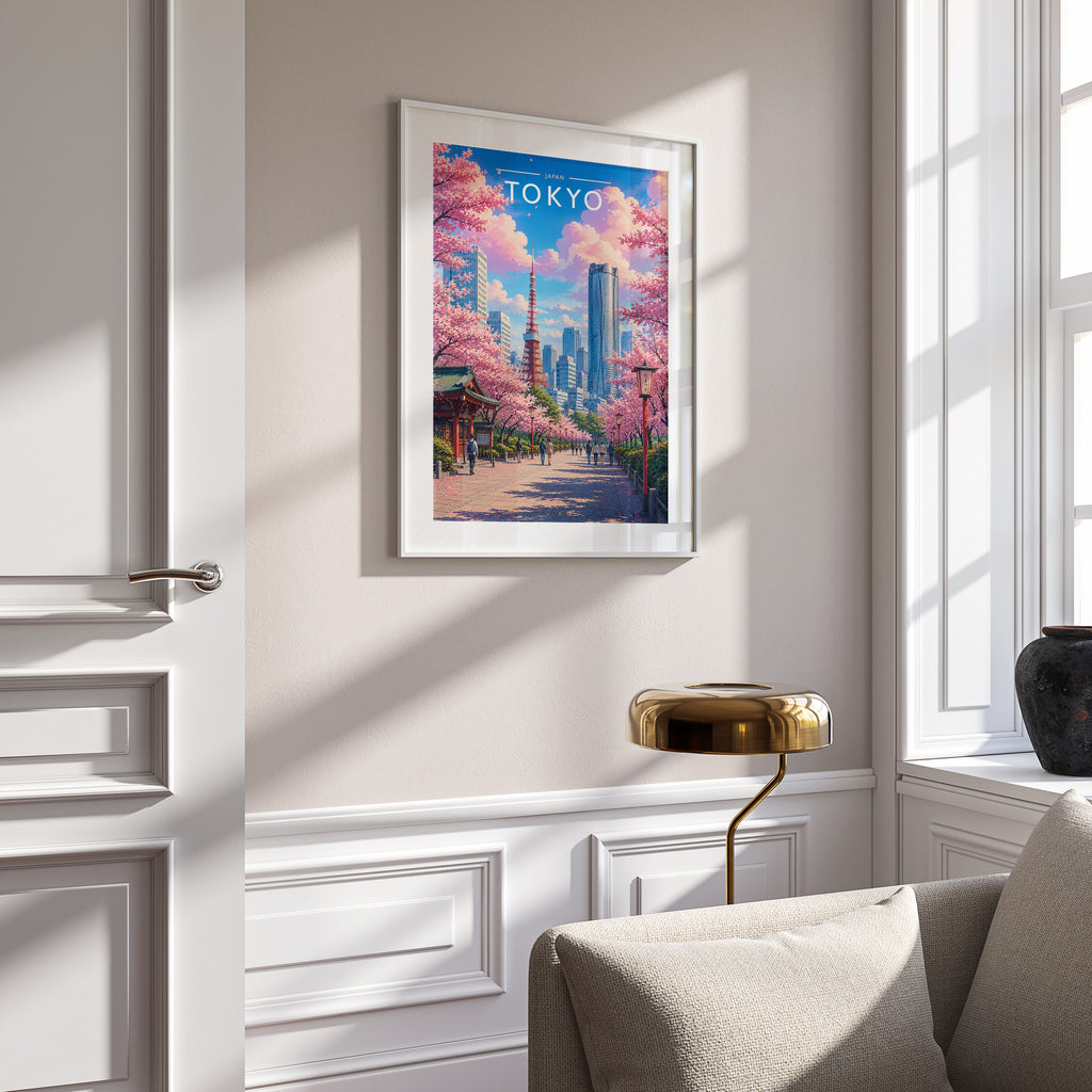 Tokyo #4 Travel Poster in a white frame on a panelled wall