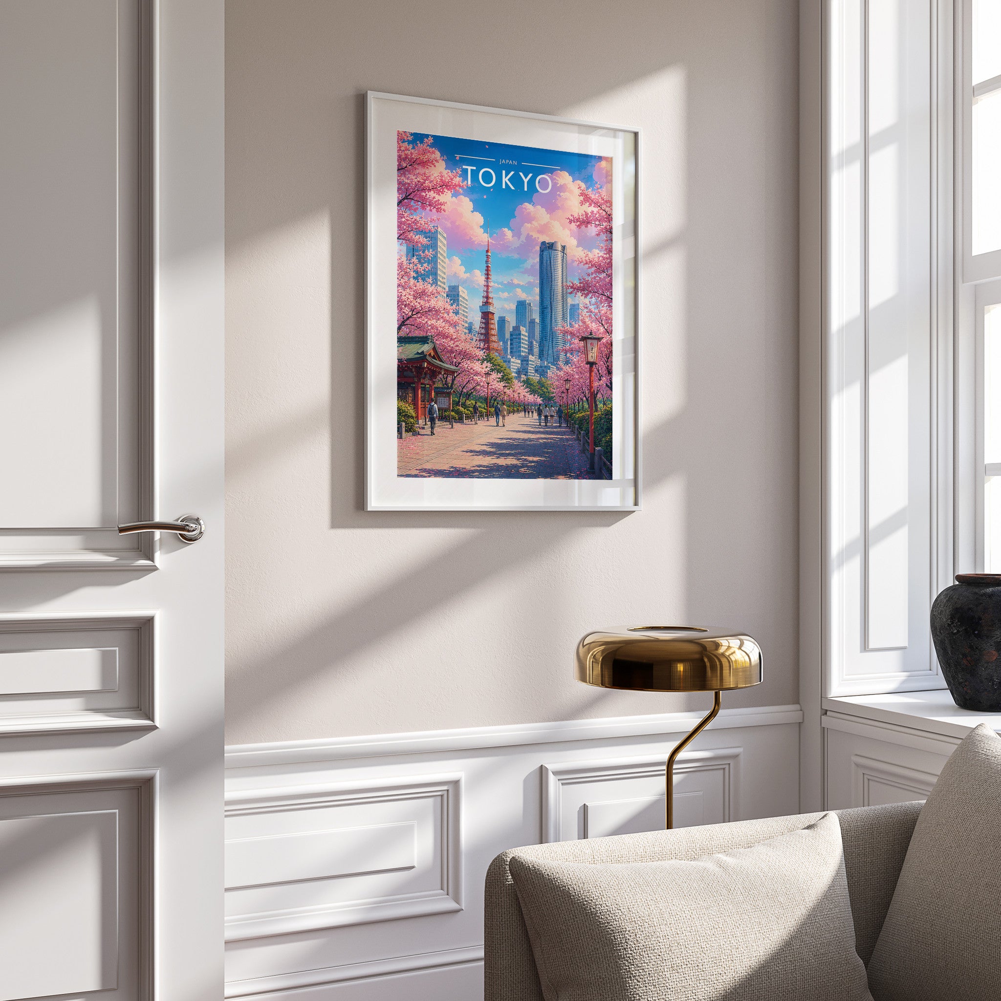 Tokyo #4 Travel Poster in a white frame on a panelled wall