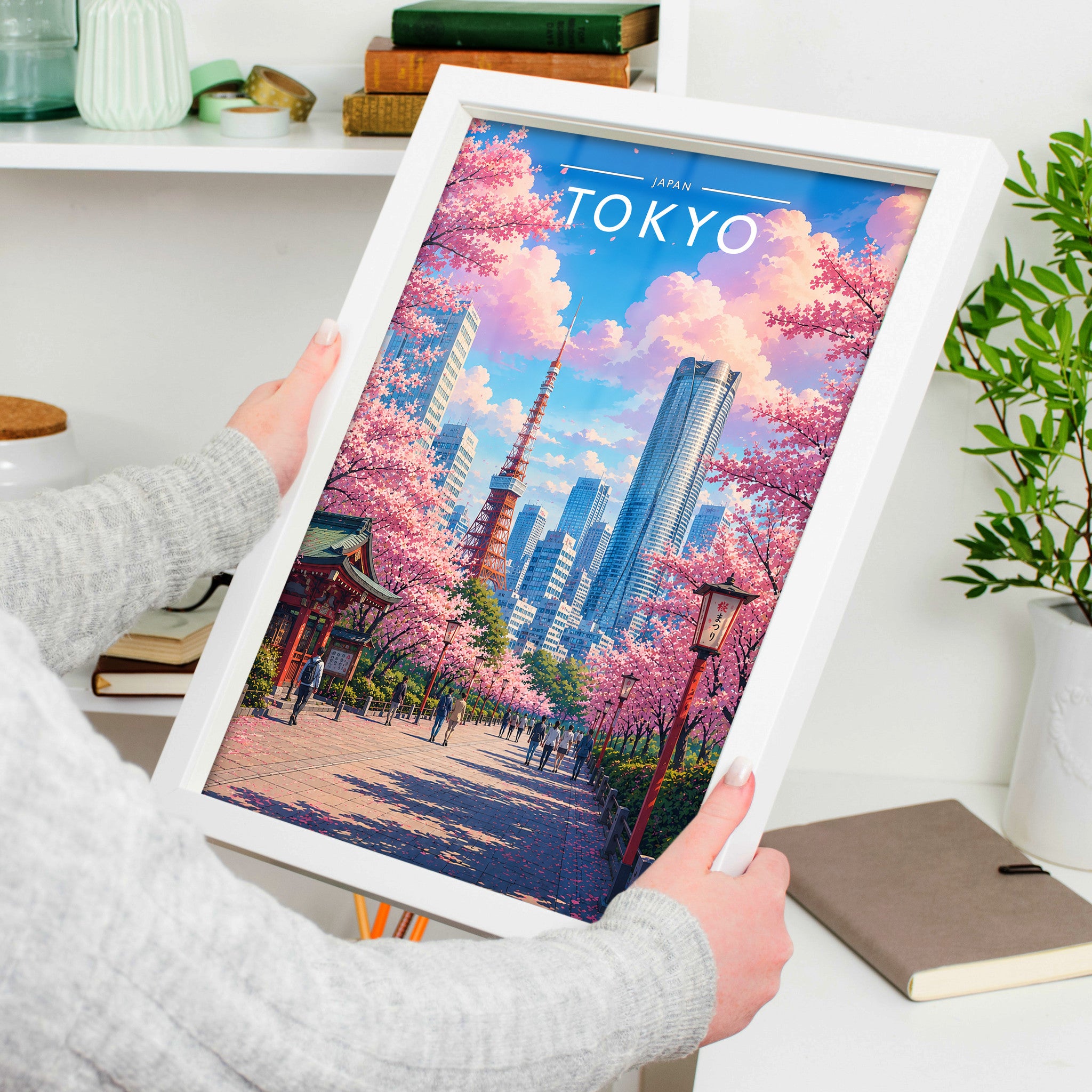 Tokyo #4 Travel Poster in a white frame, held to show scale