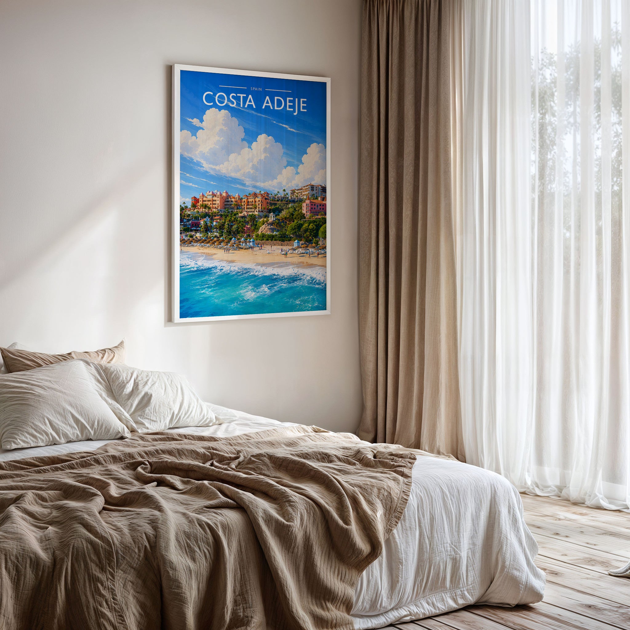 Costa Adeje #4 Travel Poster framed on a bedroom wall