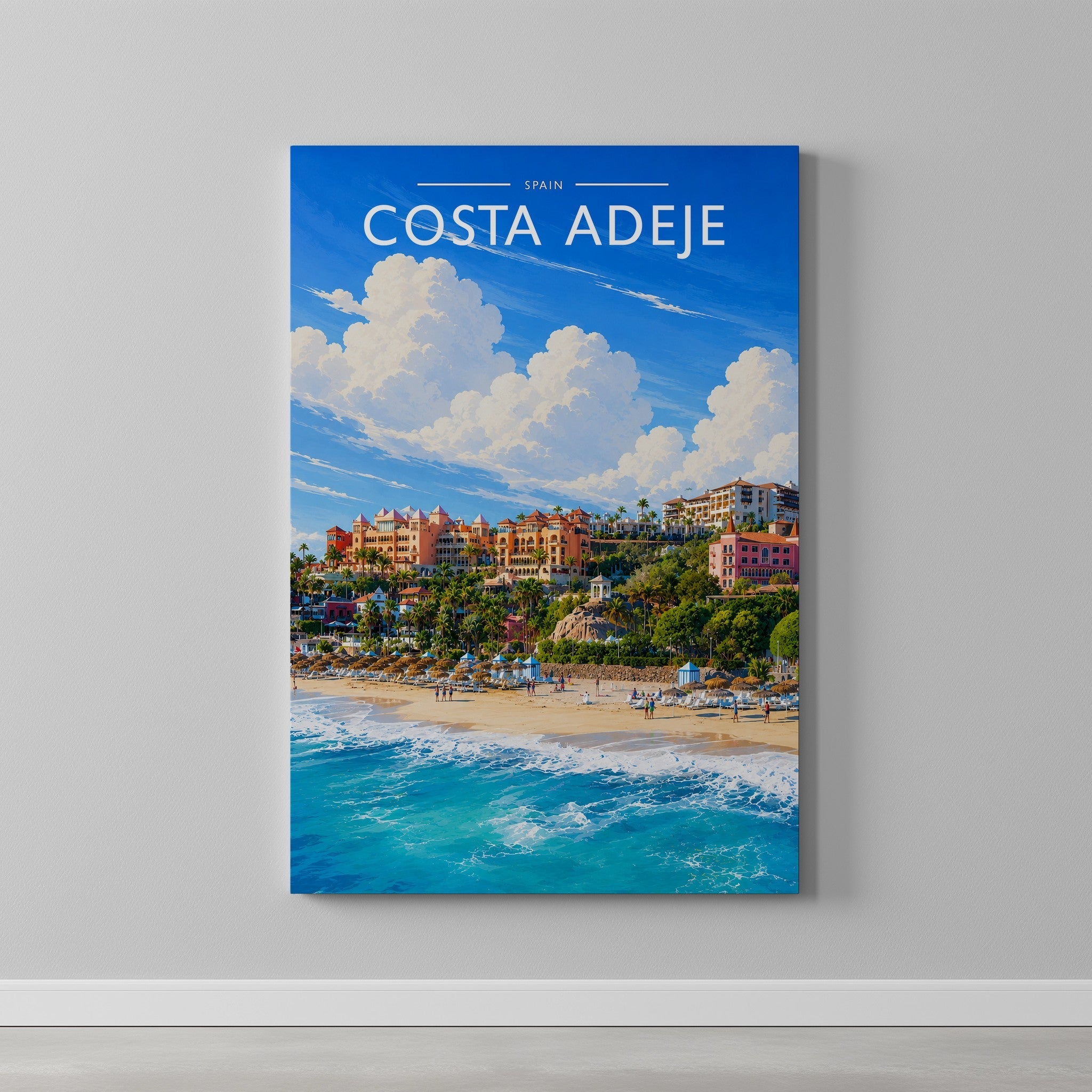 Costa Adeje #4 Travel Poster as a gallery-wrapped canvas on a plain wall