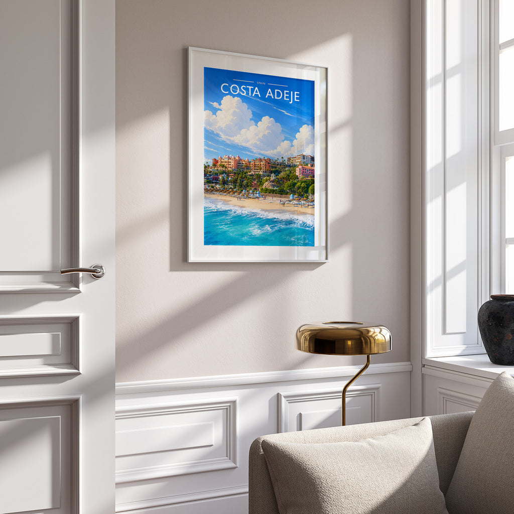 Costa Adeje #4 Travel Poster in a white frame on a panelled wall
