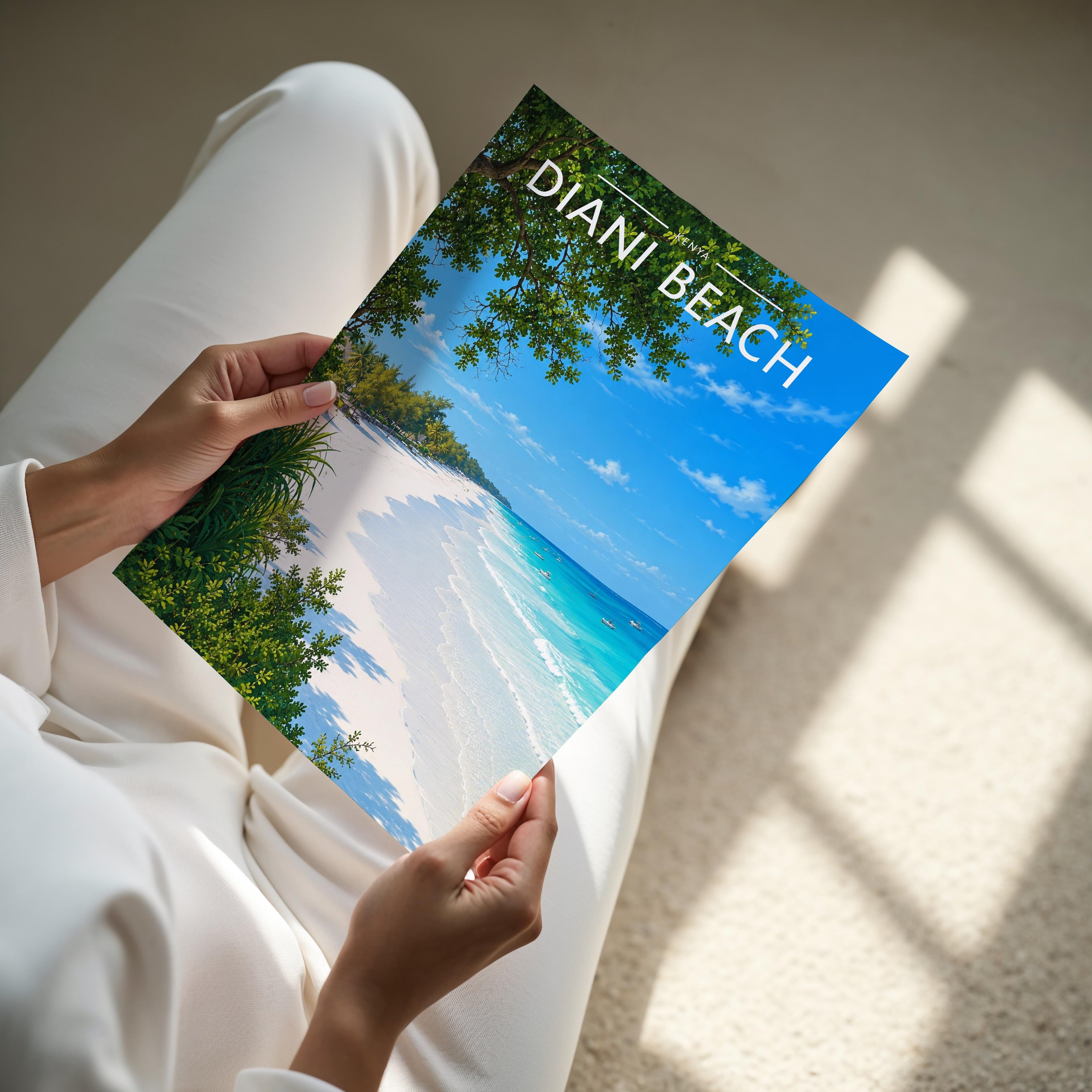 Diani Beach Travel Poster - A4 print held in hand