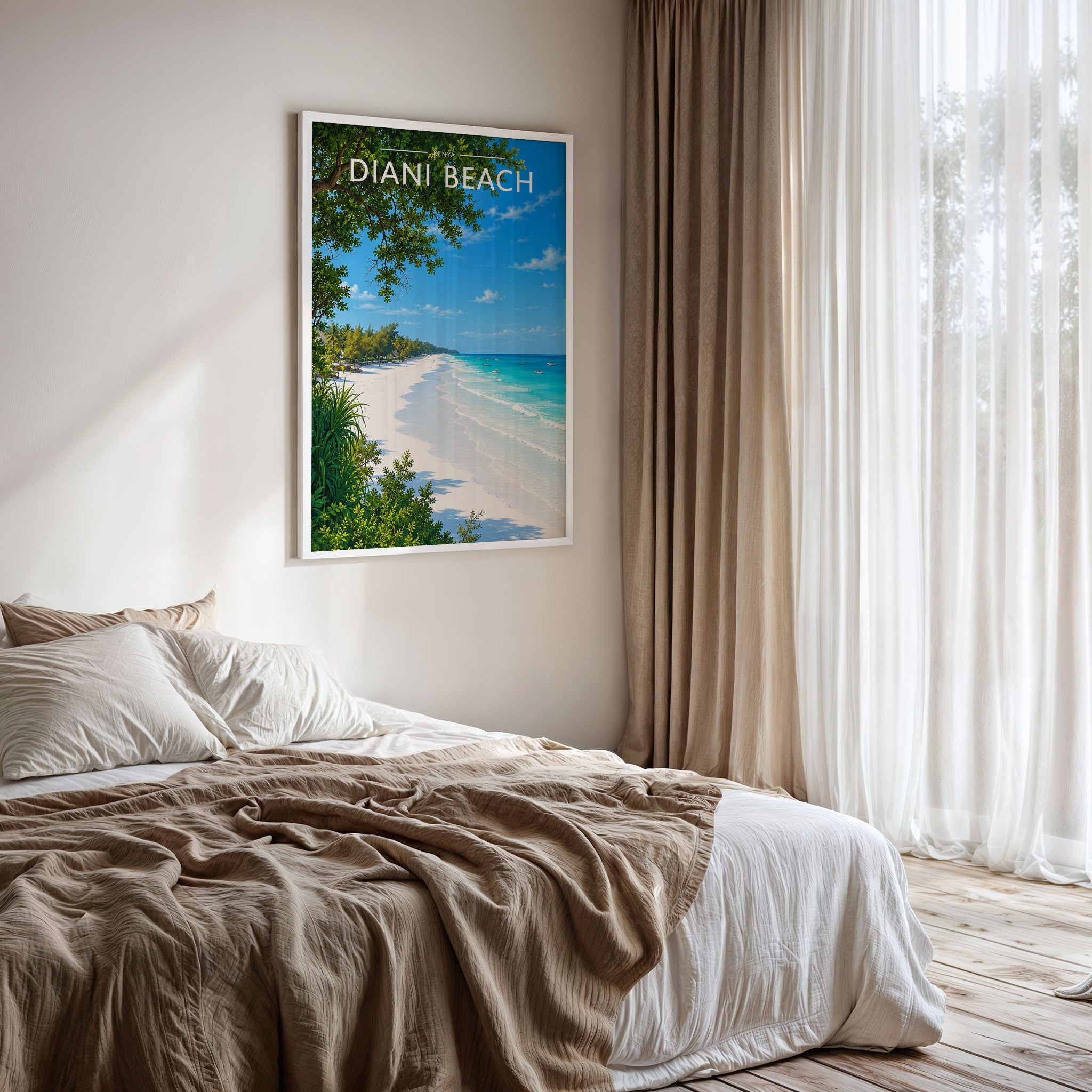 Diani Beach Travel Poster framed on a bedroom wall