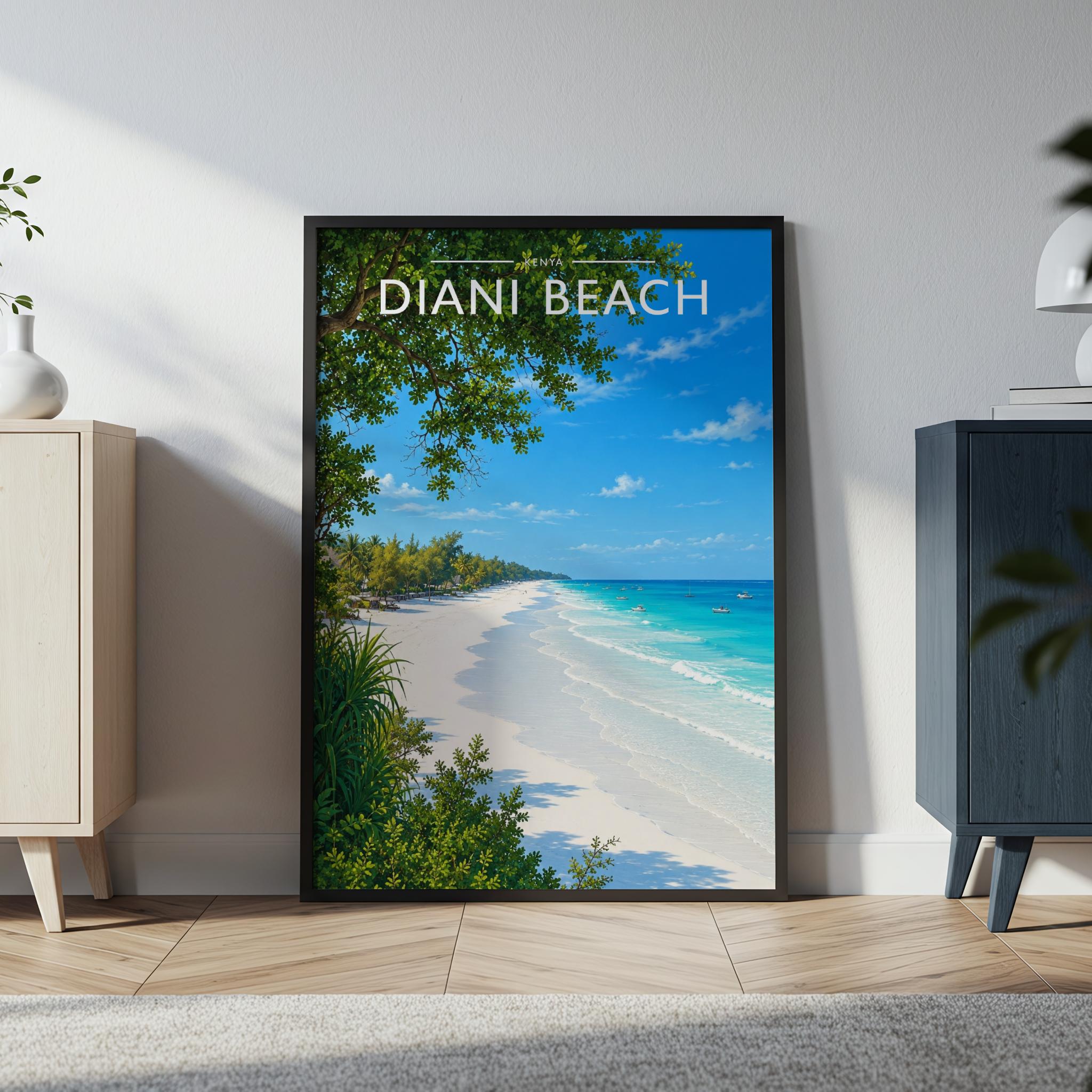 Diani Beach Travel Poster in a black frame