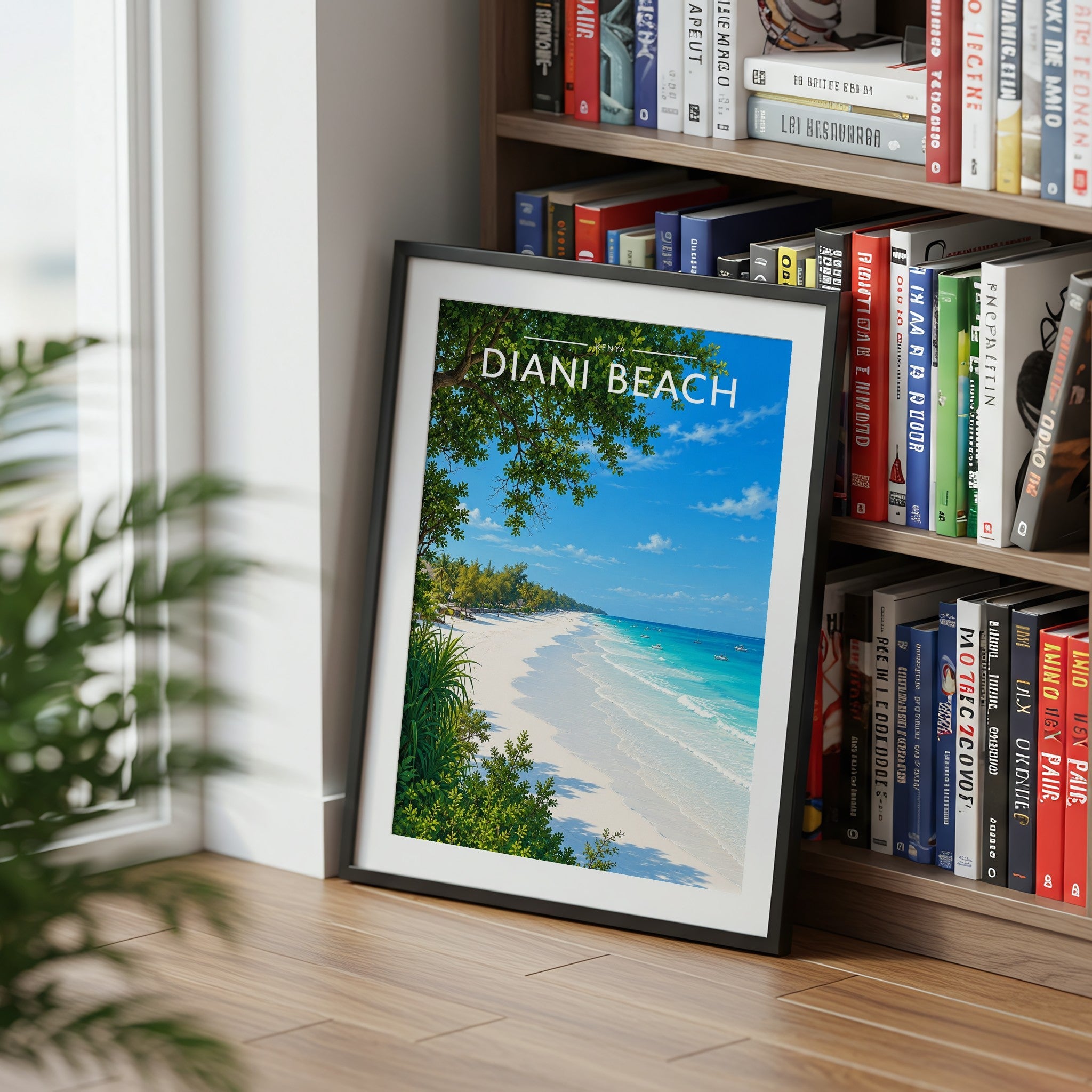 Diani Beach Travel Poster mounted in a black frame