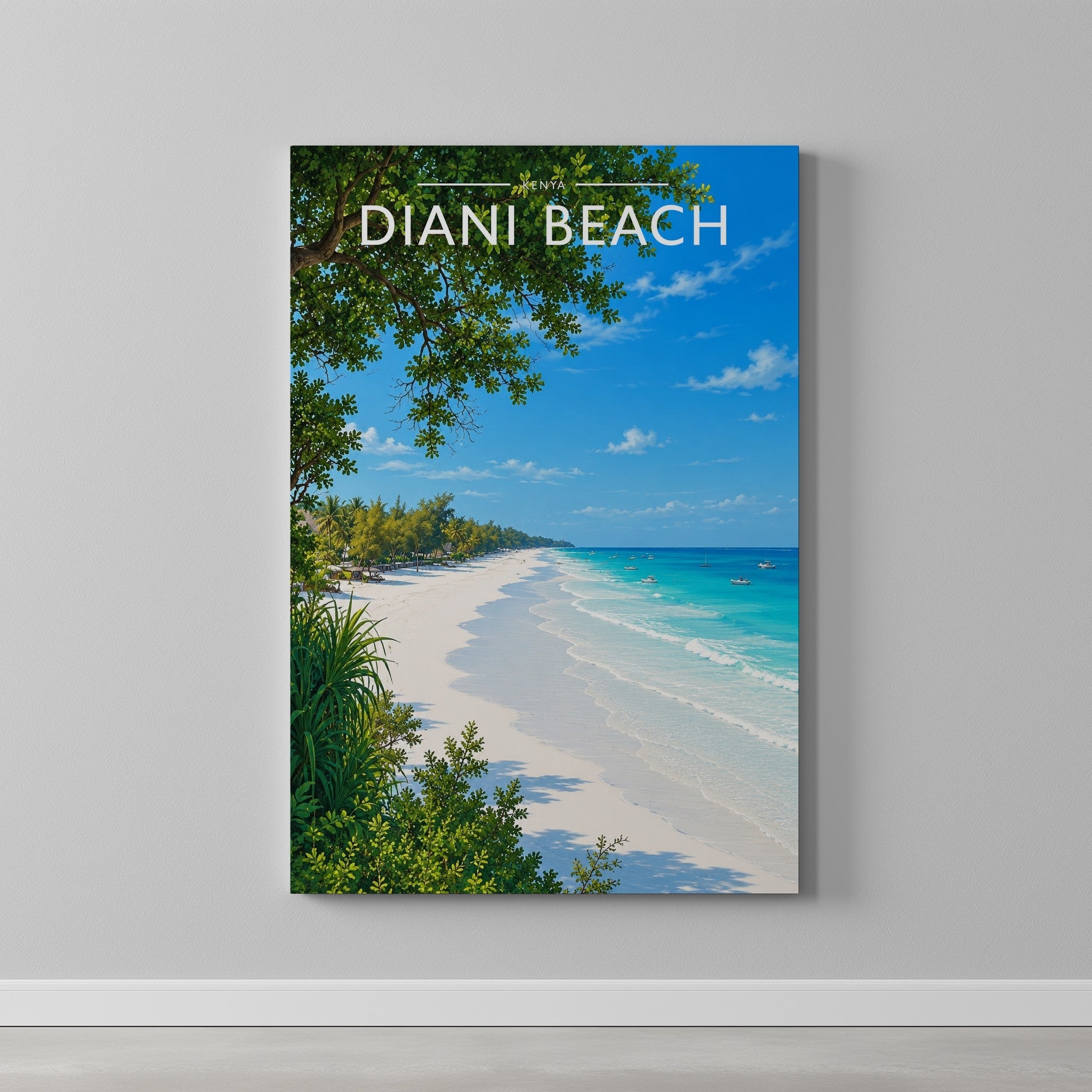 Diani Beach Travel Poster as a gallery-wrapped canvas on a plain wall