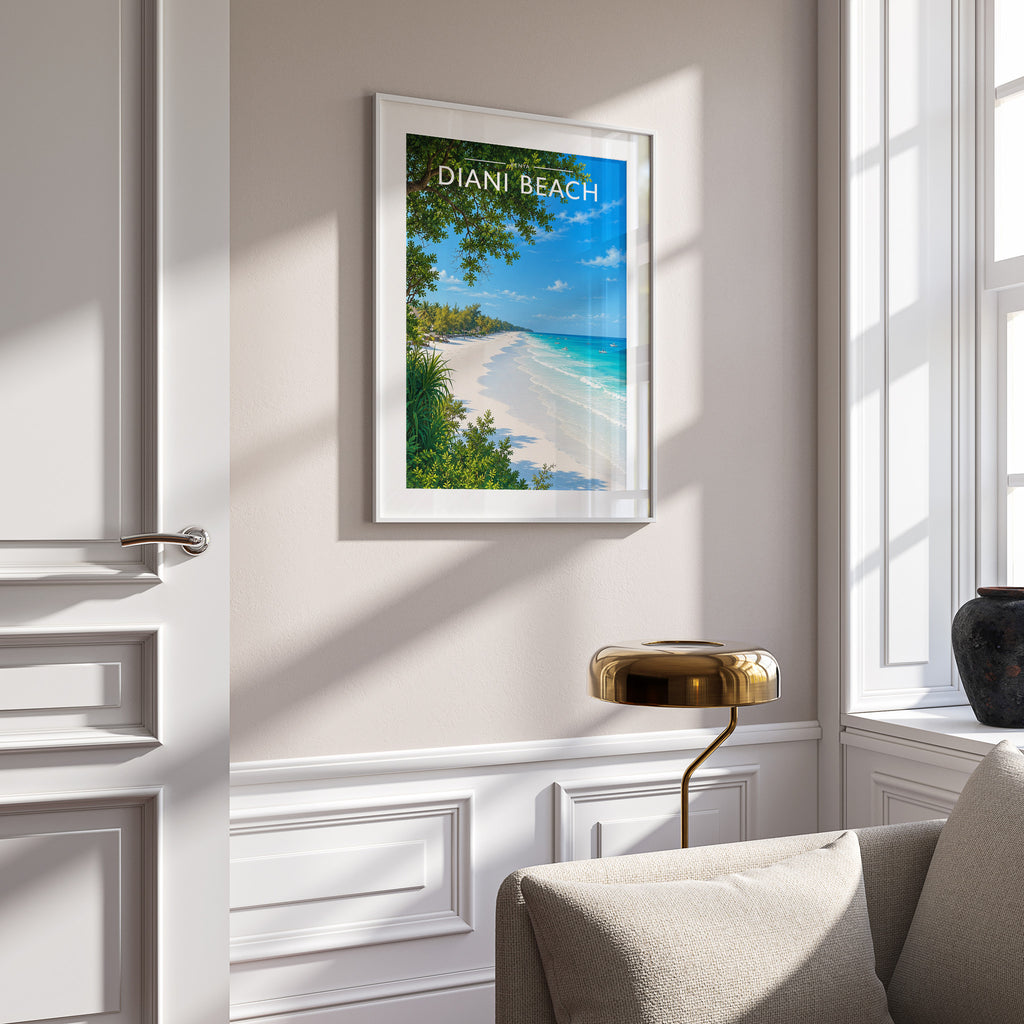 Diani Beach Travel Poster in a white frame on a panelled wall