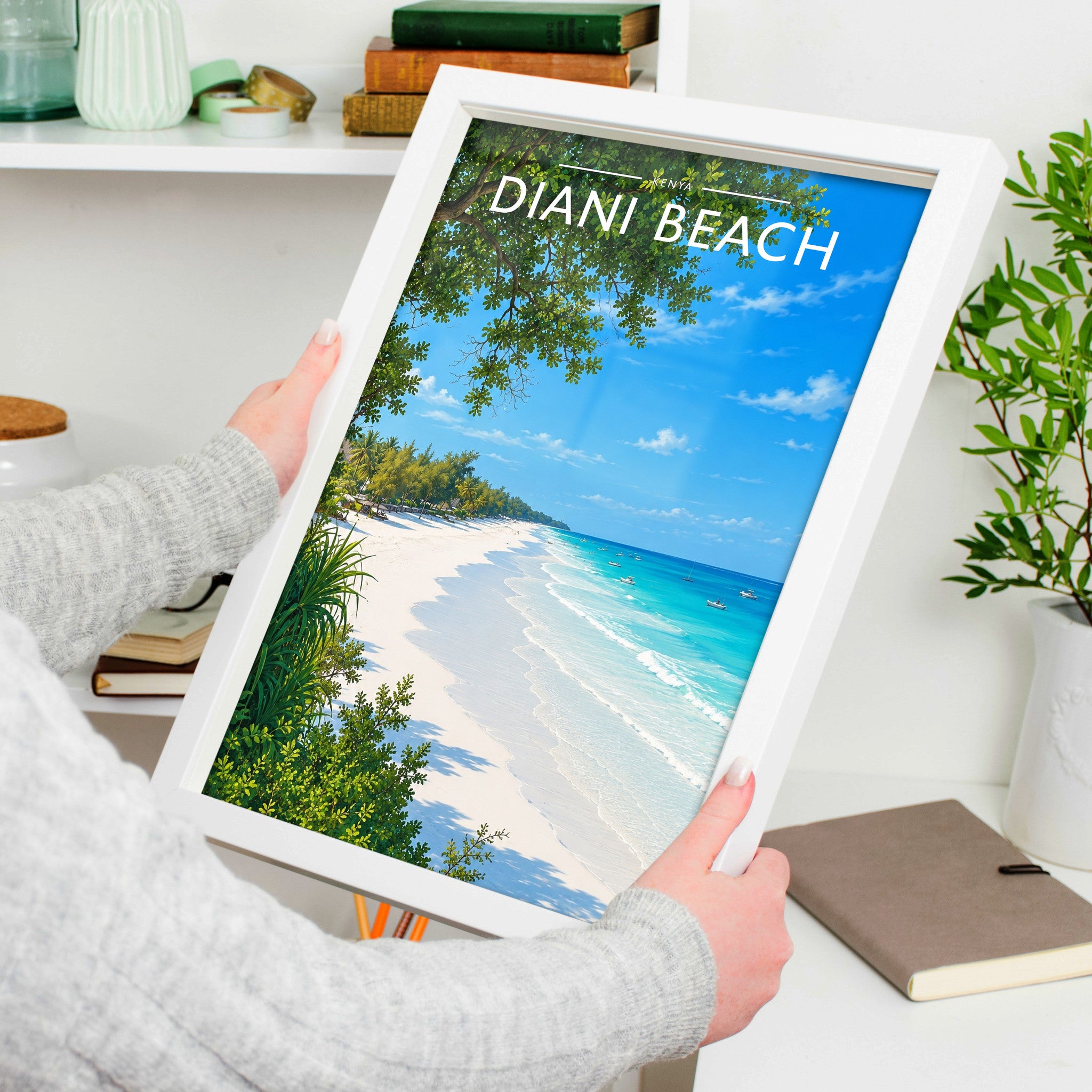 Diani Beach Travel Poster in a white frame, held to show scale
