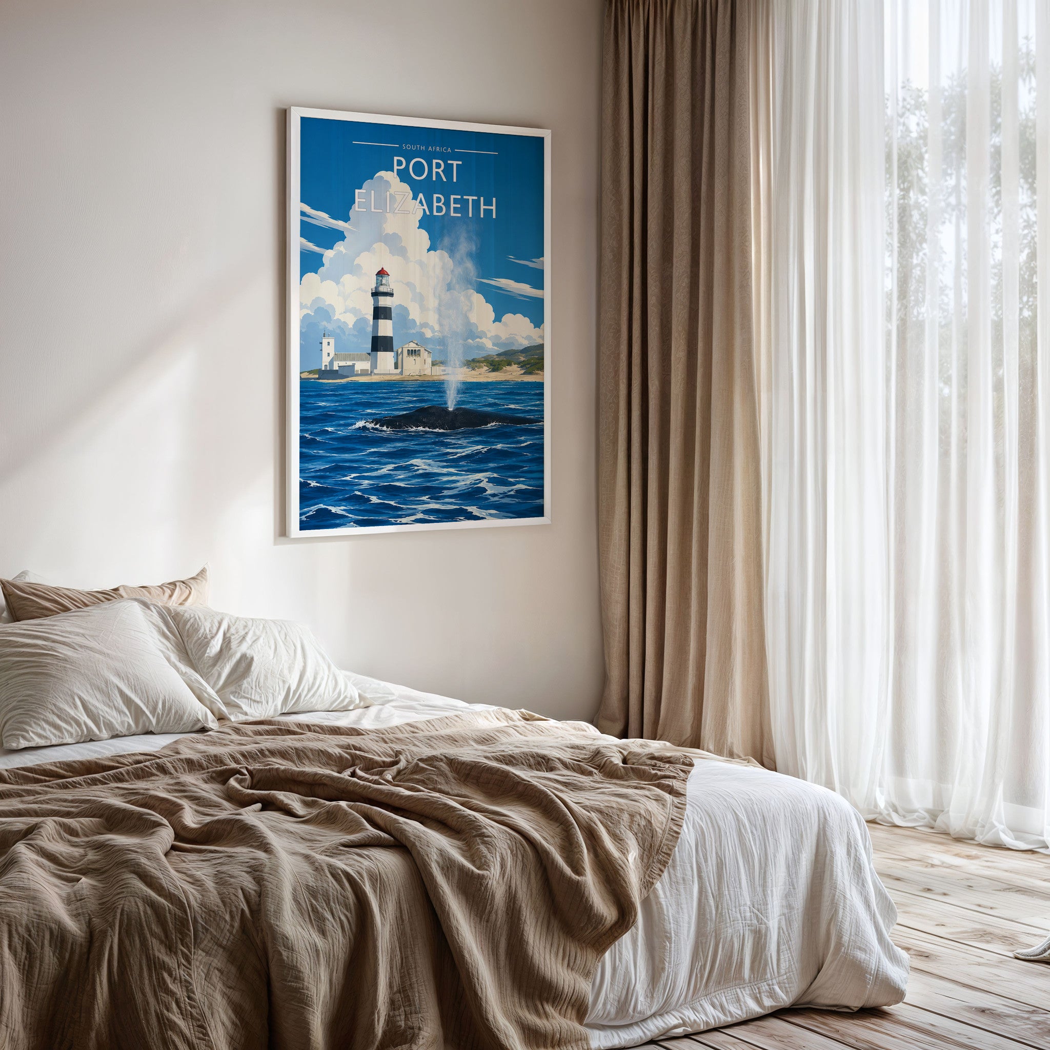 Port Elizabeth #2 Travel Poster framed on a bedroom wall