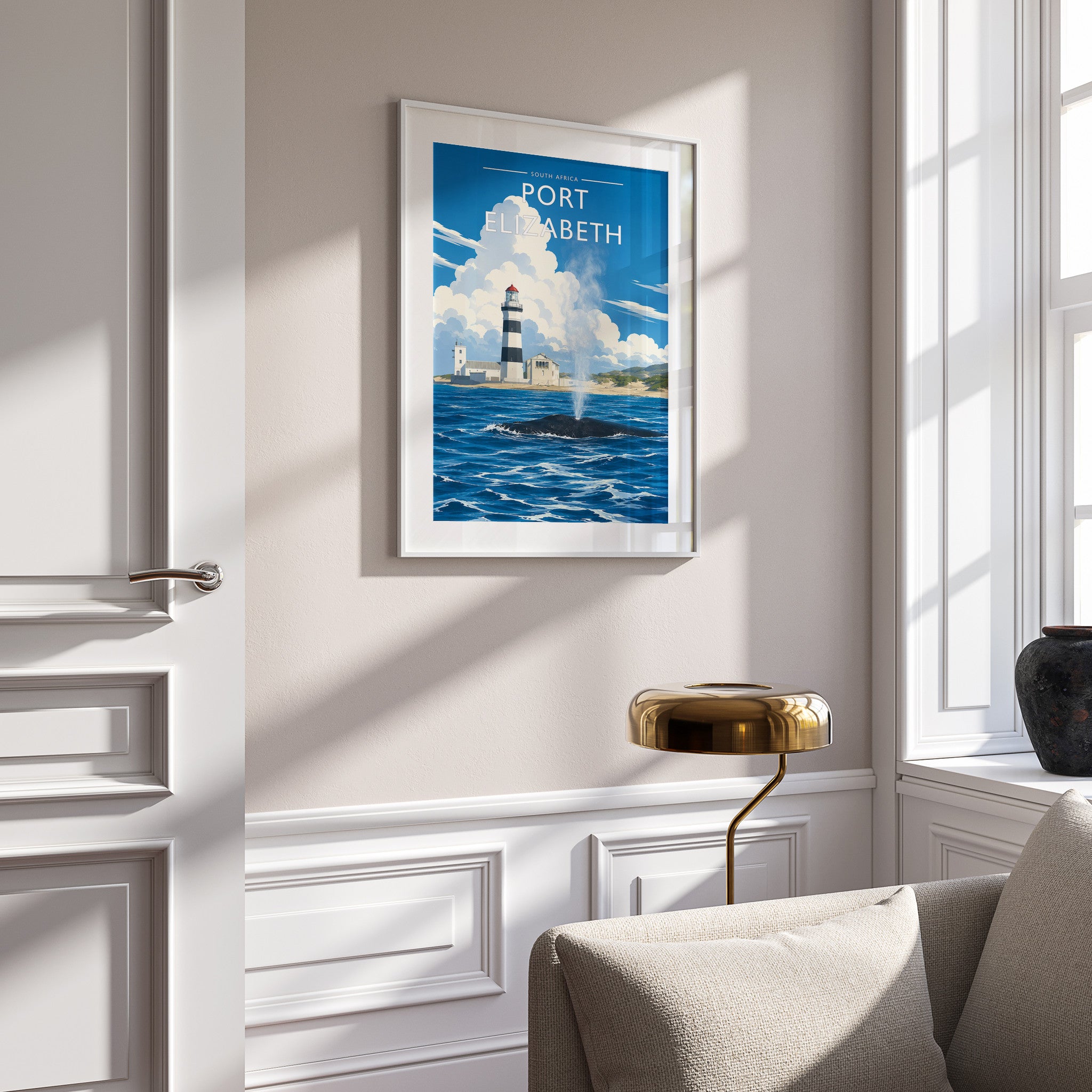 Port Elizabeth #2 Travel Poster in a white frame on a panelled wall
