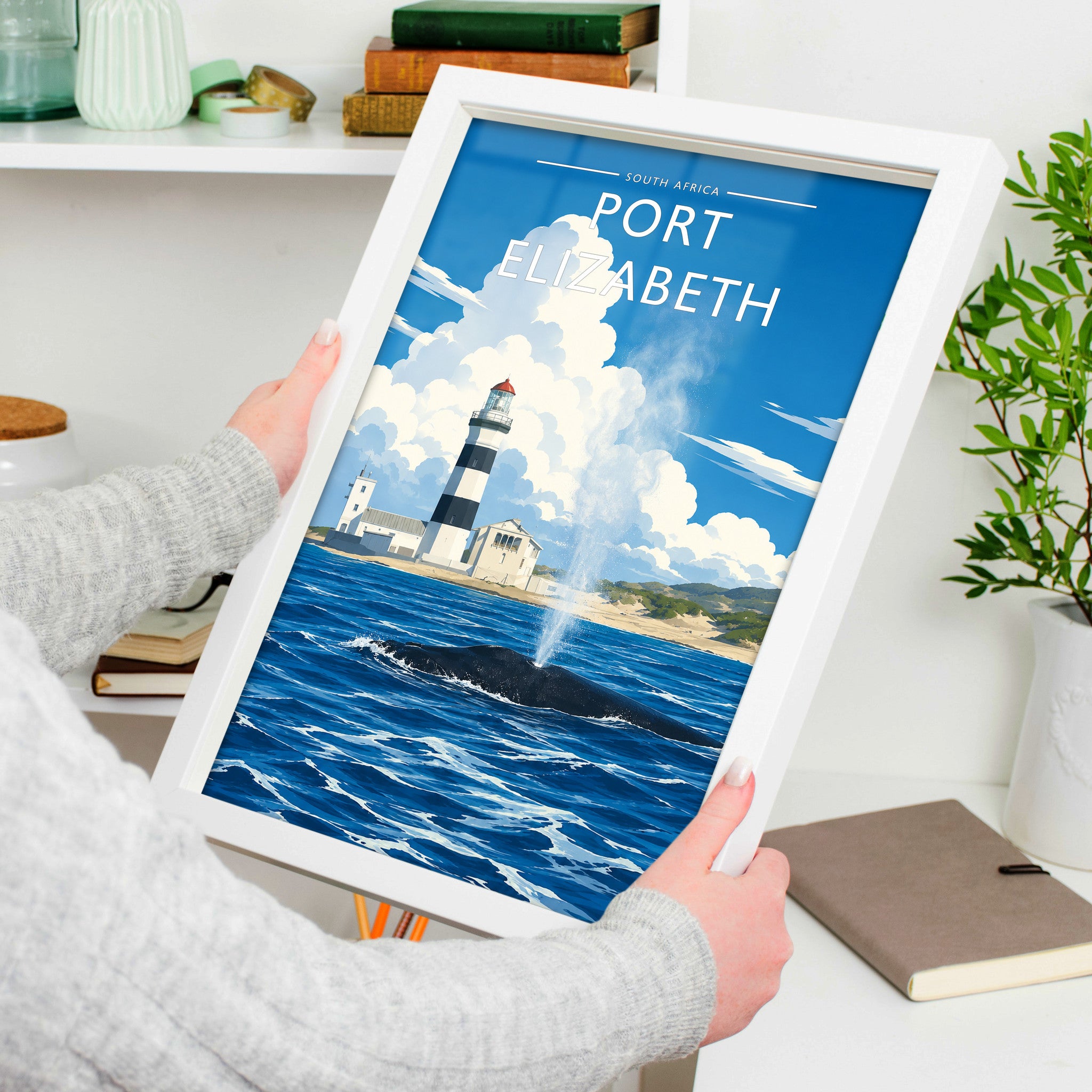 Port Elizabeth #2 Travel Poster in a white frame, held to show scale