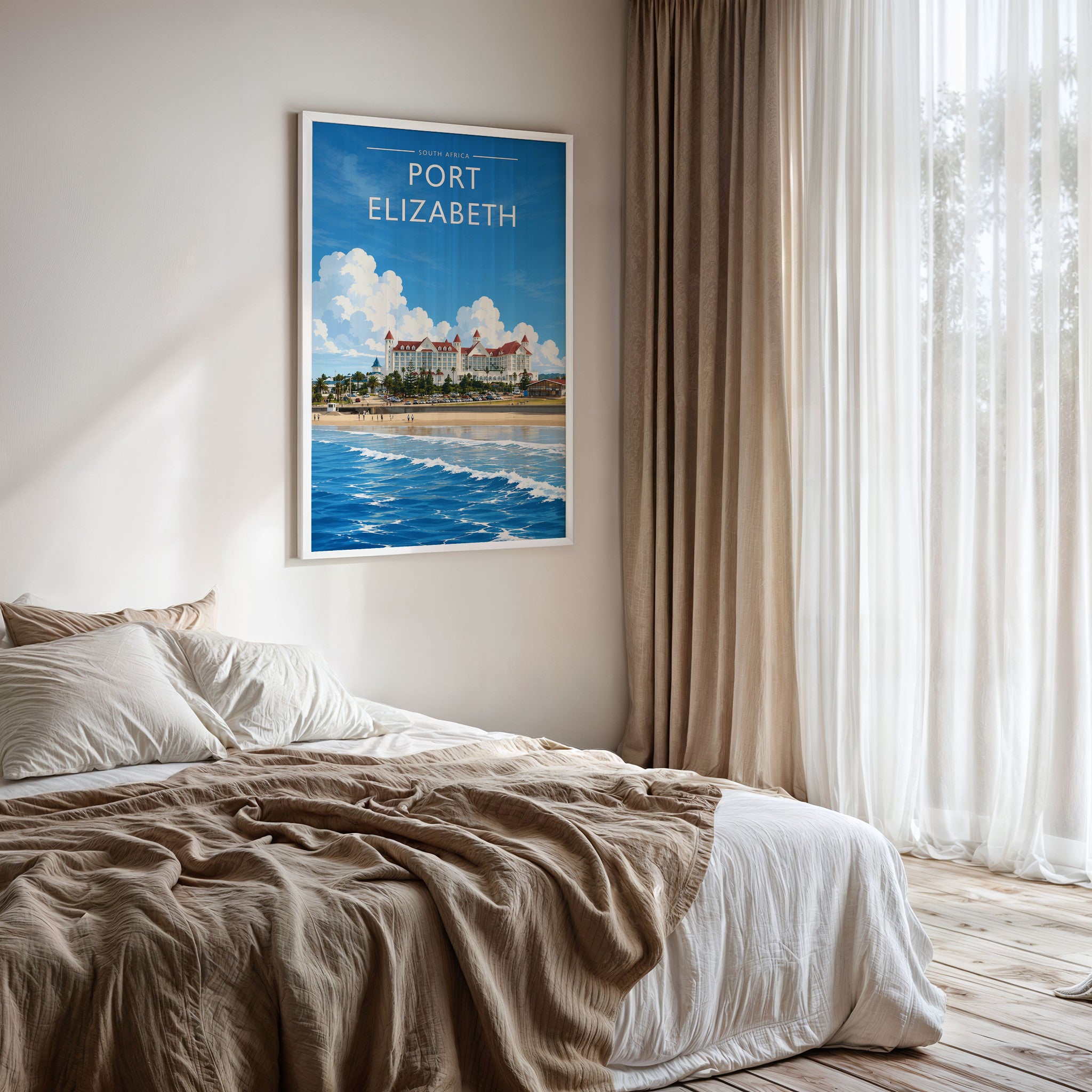 Port Elizabeth #3 Travel Poster framed on a bedroom wall