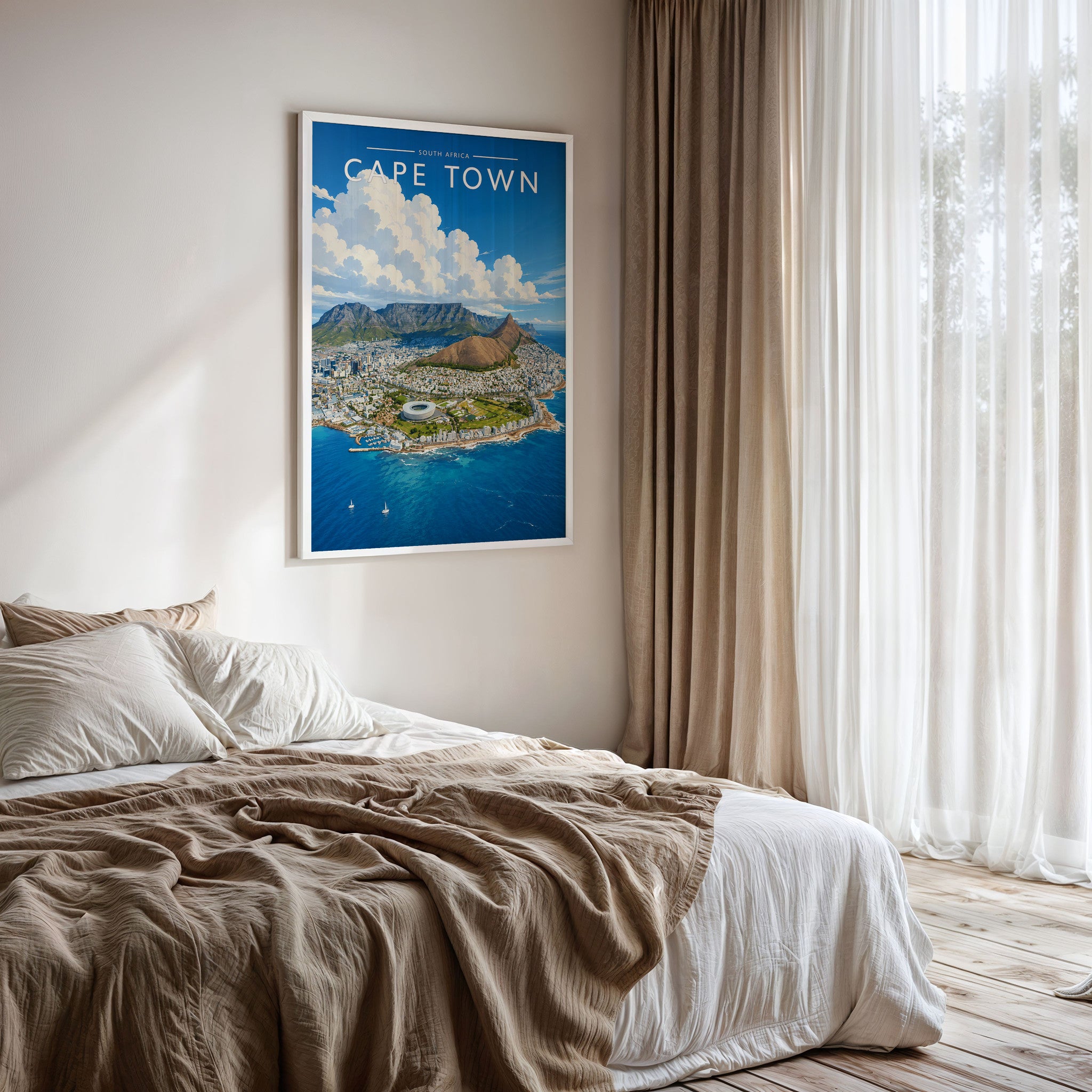 Cape Town Travel Poster framed on a bedroom wall