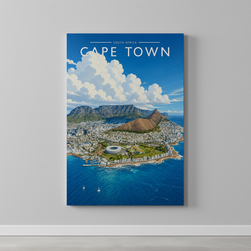 Cape Town Travel Poster as a gallery-wrapped canvas on a plain wall