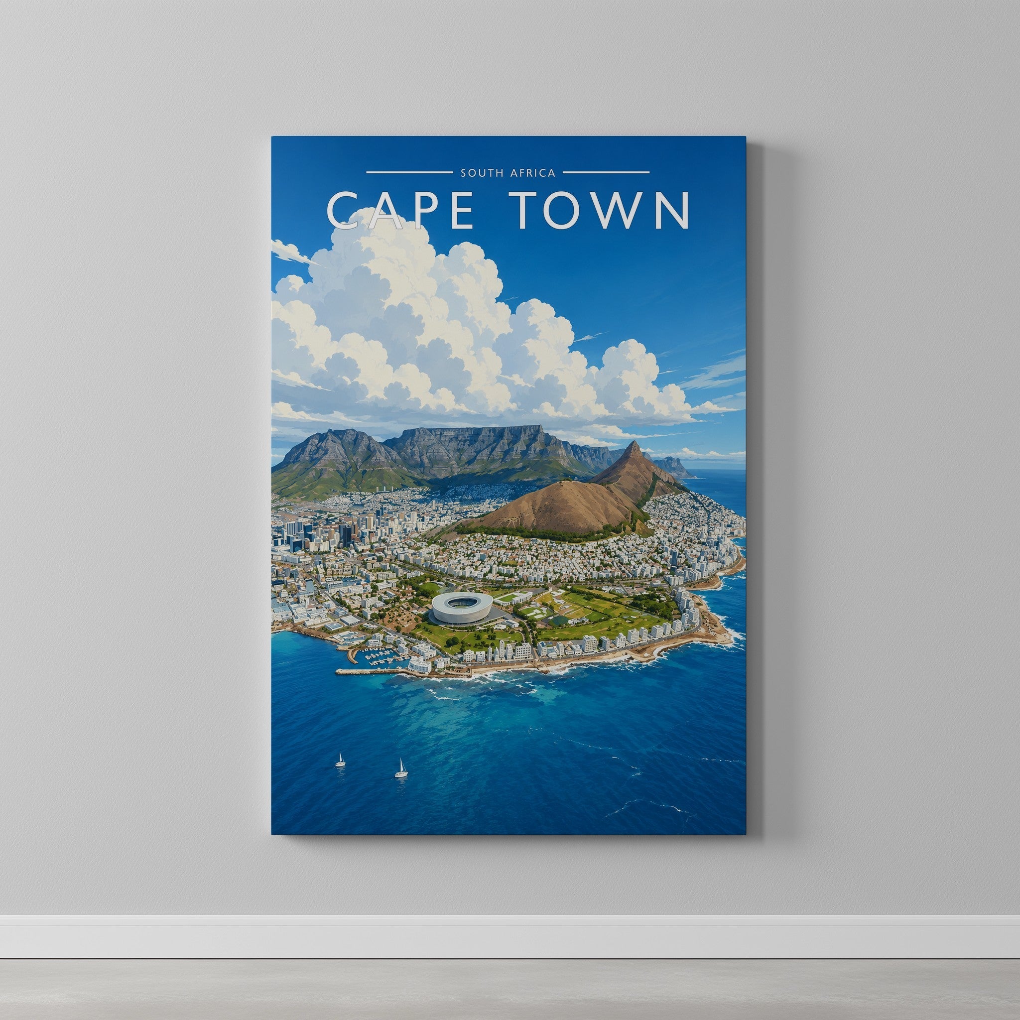 Cape Town Travel Poster as a gallery-wrapped canvas on a plain wall