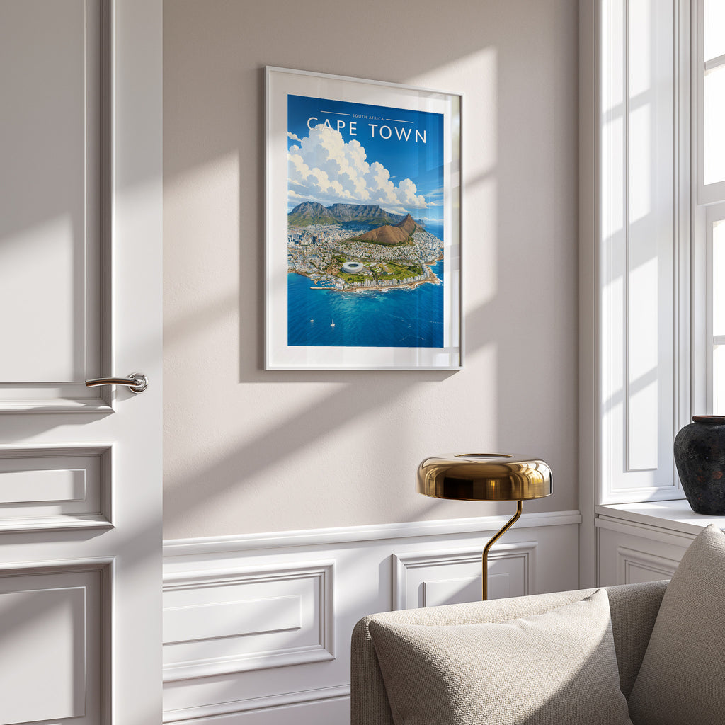 Cape Town Travel Poster in a white frame on a panelled wall