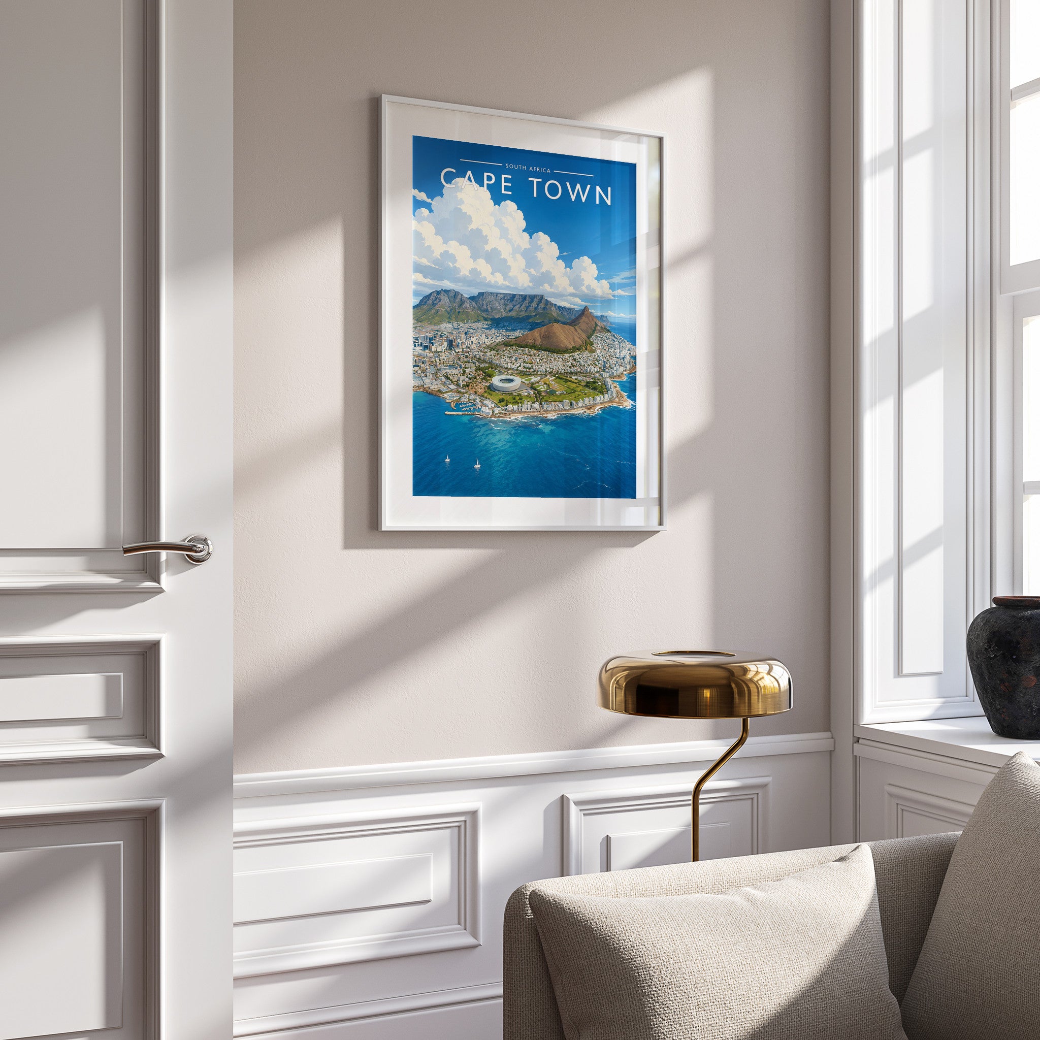 Cape Town Travel Poster in a white frame on a panelled wall